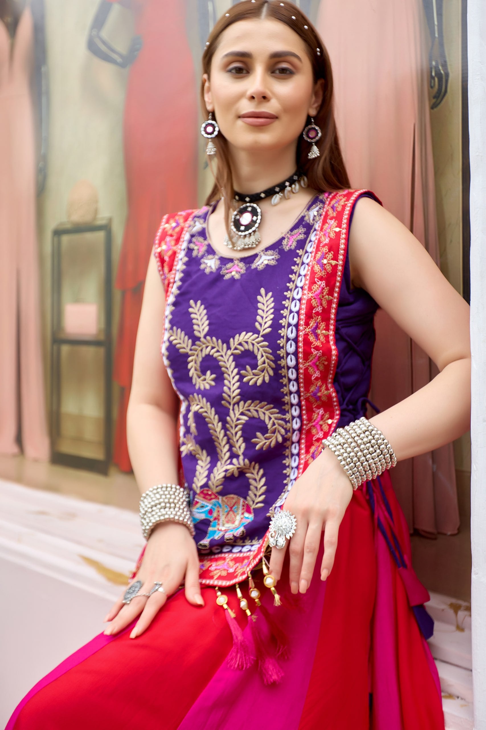 Royal Purple & Rani Pink Pure Cotton Lehenga Choli with Embroidered Shrug