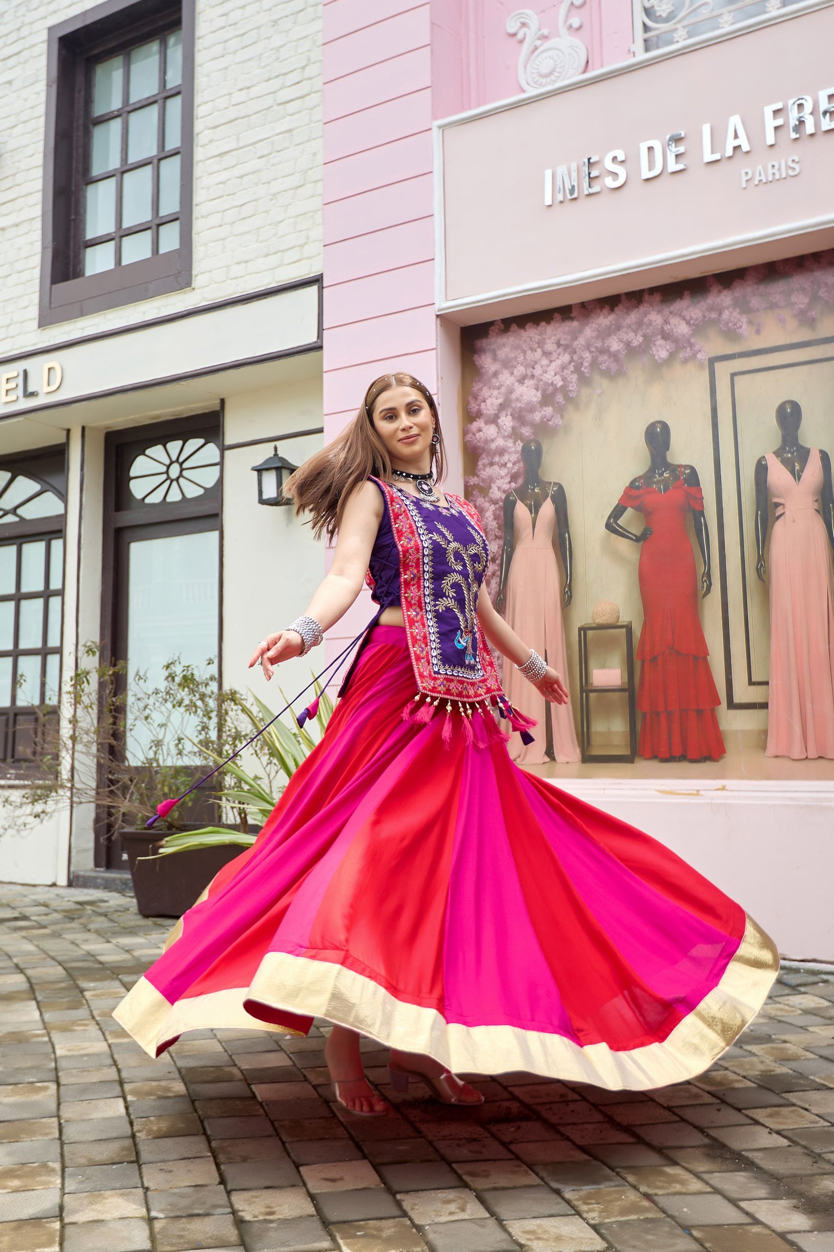 Royal Purple & Rani Pink Pure Cotton Lehenga Choli with Embroidered Shrug