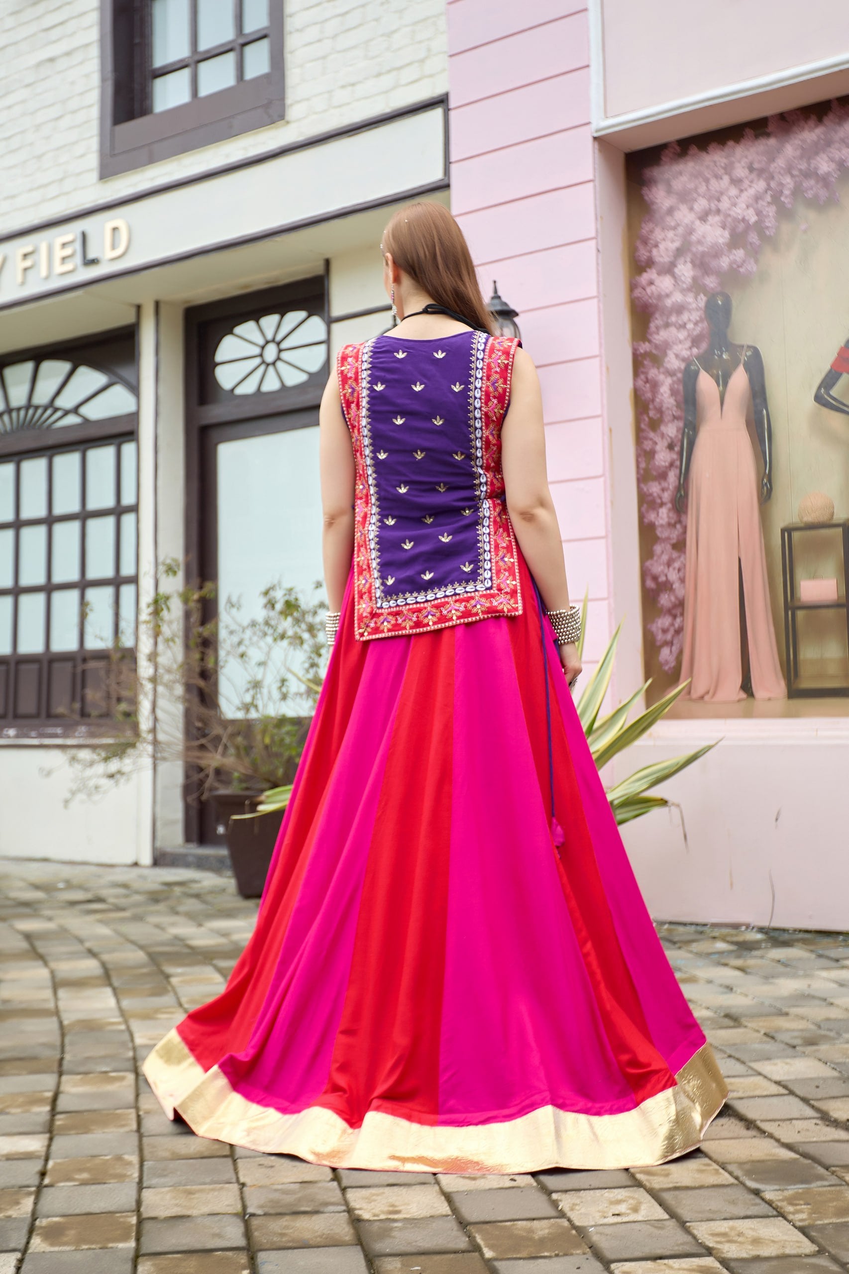 Royal Purple & Rani Pink Pure Cotton Lehenga Choli with Embroidered Shrug
