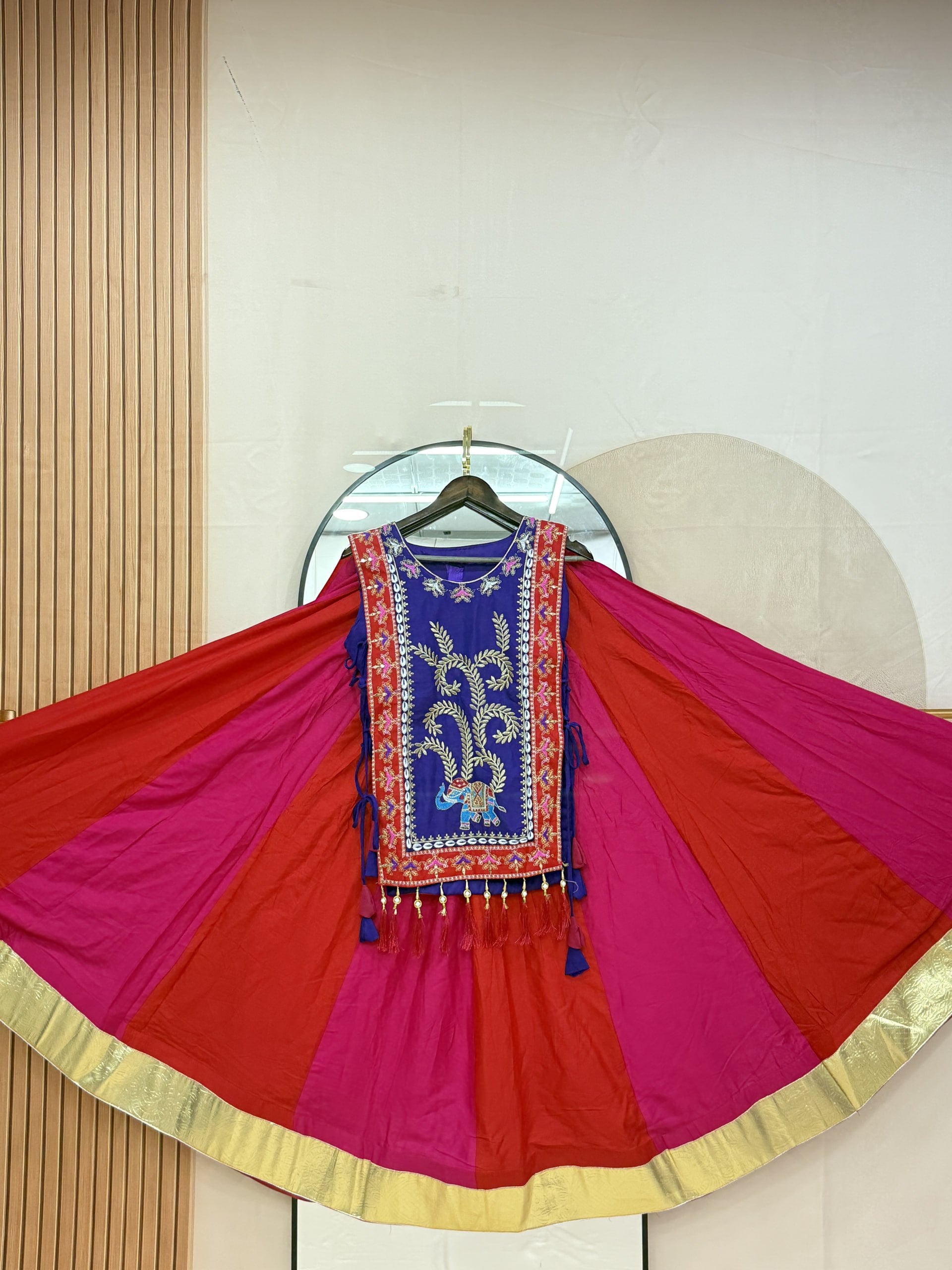 Royal Purple & Rani Pink Pure Cotton Lehenga Choli with Embroidered Shrug