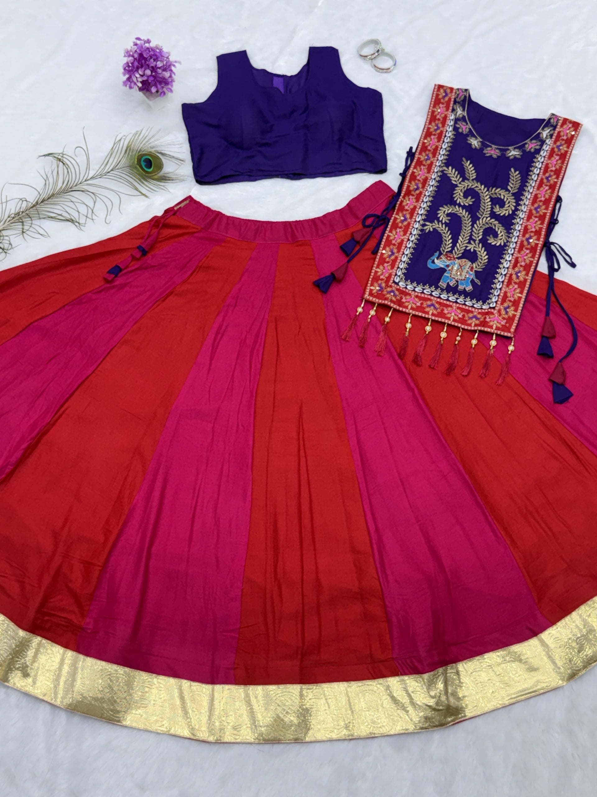 Royal Purple & Rani Pink Pure Cotton Lehenga Choli with Embroidered Shrug