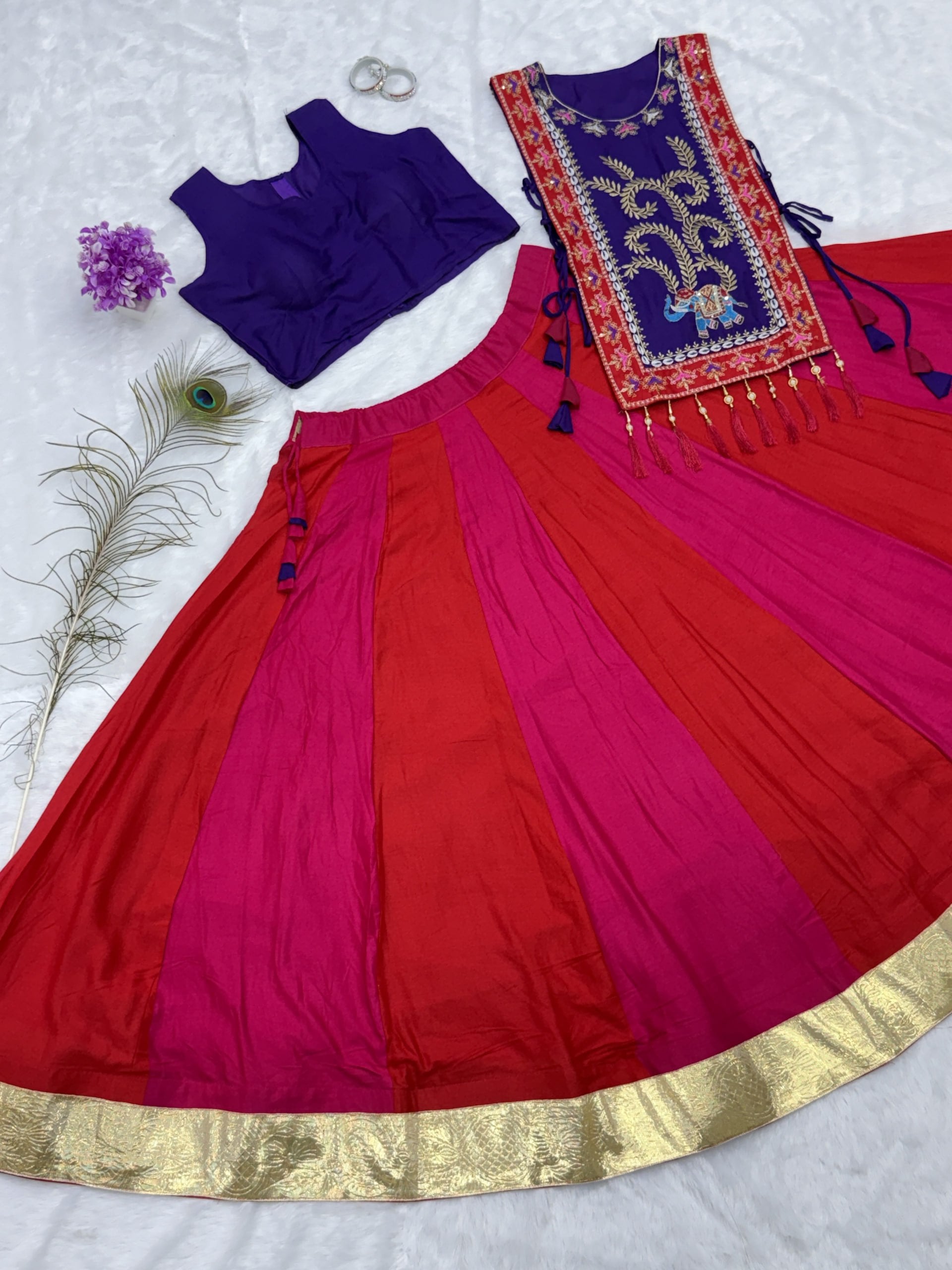 Royal Purple & Rani Pink Pure Cotton Lehenga Choli with Embroidered Shrug