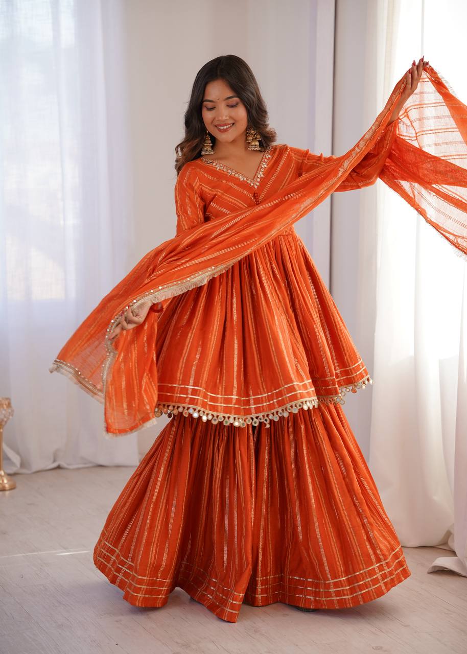Orange Mal Chanderi Sharara Set for Women with Mirror Handwork | Engagement, Wedding & Function Wear | Sizes M-38 to XXL-44