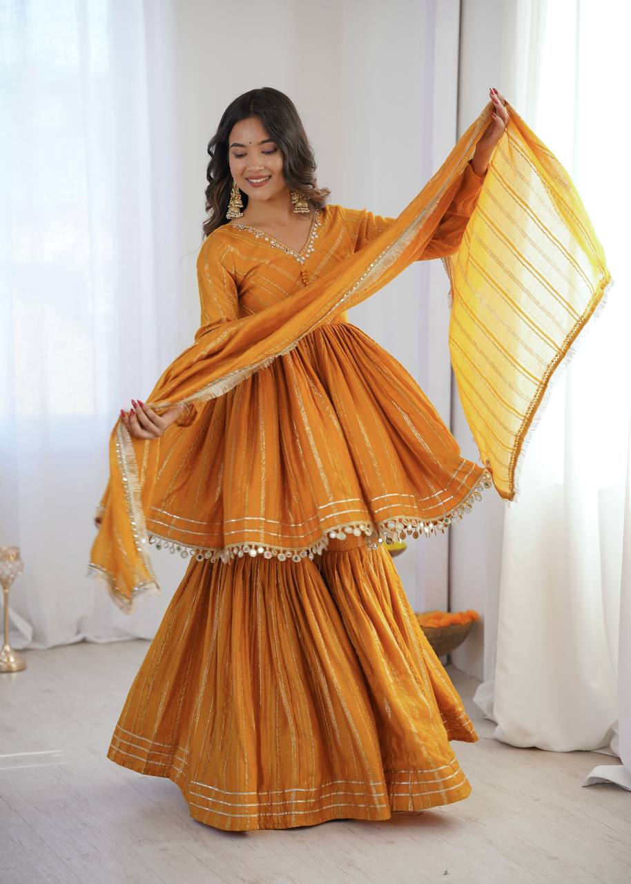 Yellow Mal Chanderi Sharara Set for Women with Mirror Handwork | Engagement, Wedding & Function Wear | Sizes M-38 to XXL-44