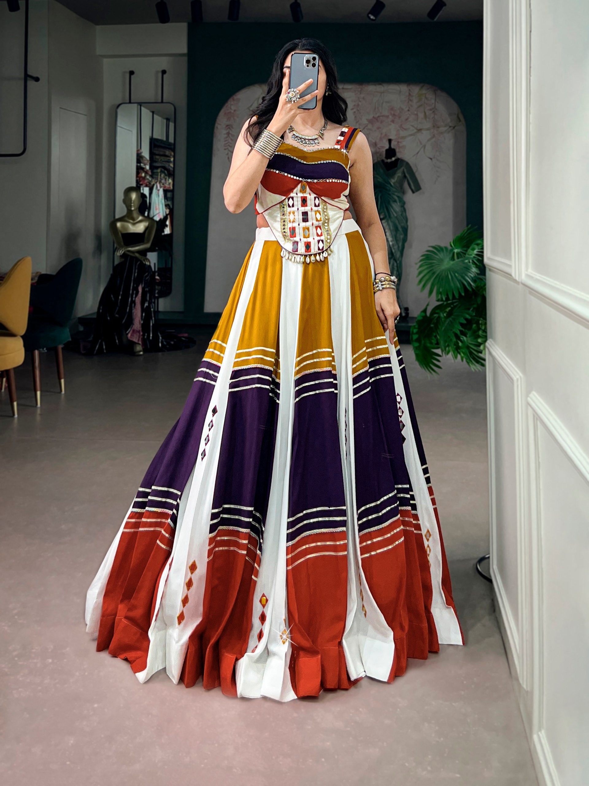 Multicolor Mirror Work Navratri Lehenga Choli for Women | Ivory, Mustard, Purple & Rust | 6 Meter Flair