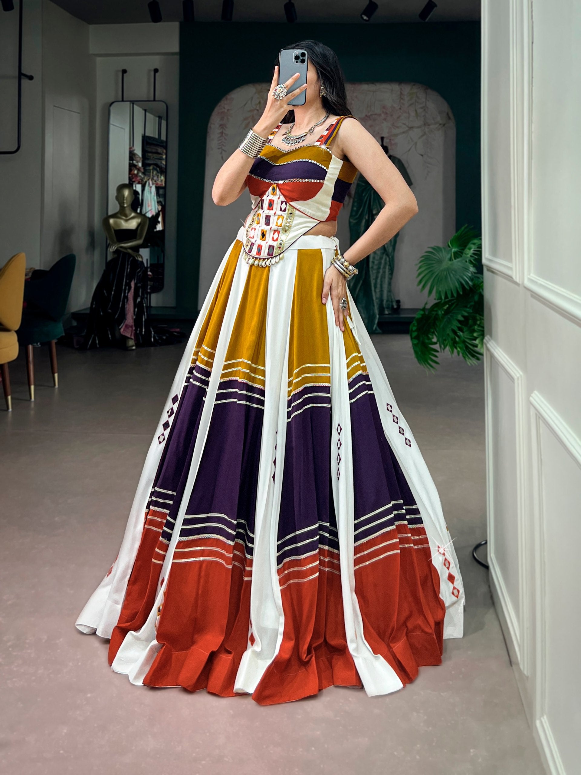 Multicolor Mirror Work Navratri Lehenga Choli for Women | Ivory, Mustard, Purple & Rust | 6 Meter Flair