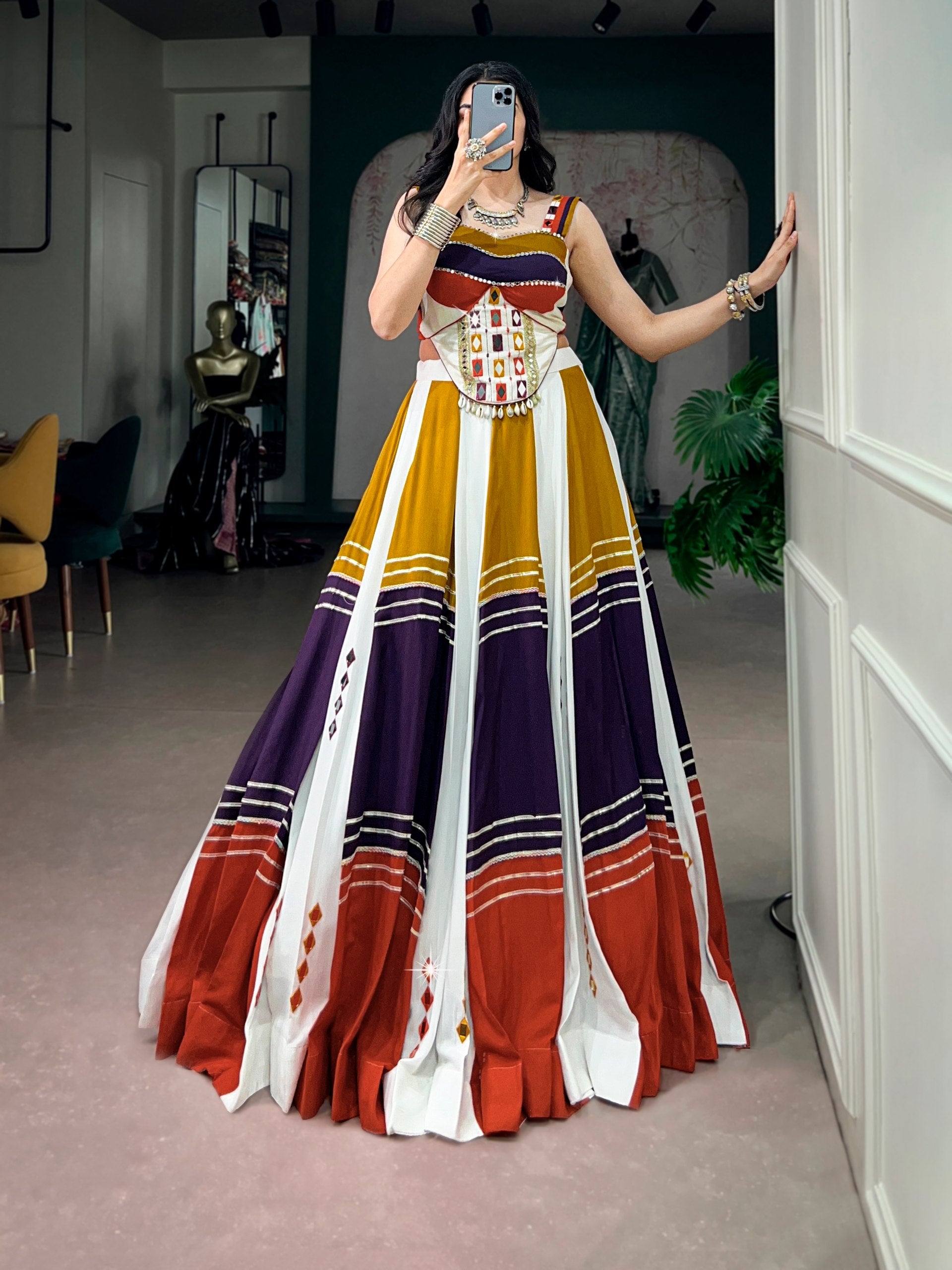 Multicolor Mirror Work Navratri Lehenga Choli for Women | Ivory, Mustard, Purple & Rust | 6 Meter Flair