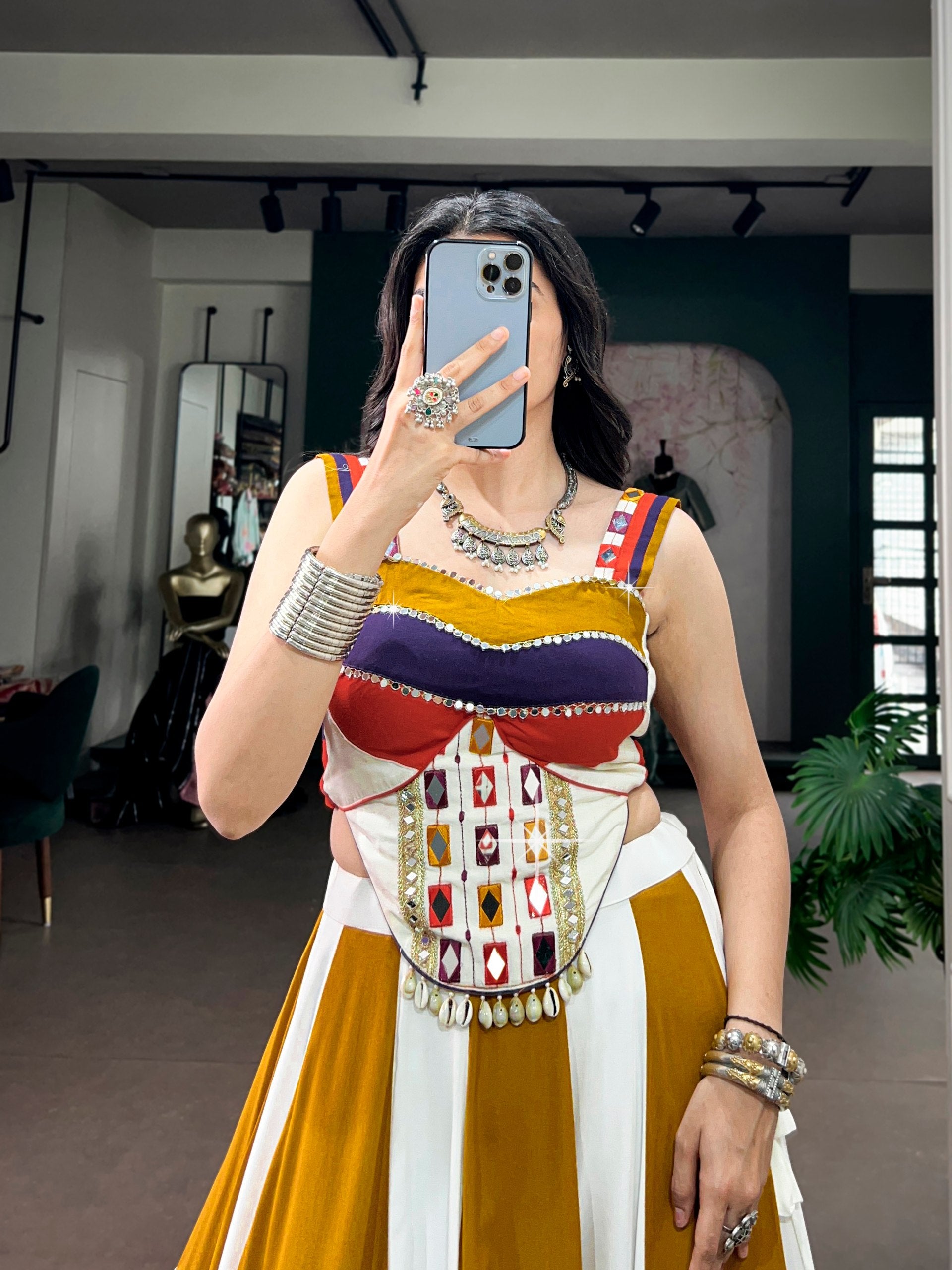 Multicolor Mirror Work Navratri Lehenga Choli for Women | Ivory, Mustard, Purple & Rust | 6 Meter Flair
