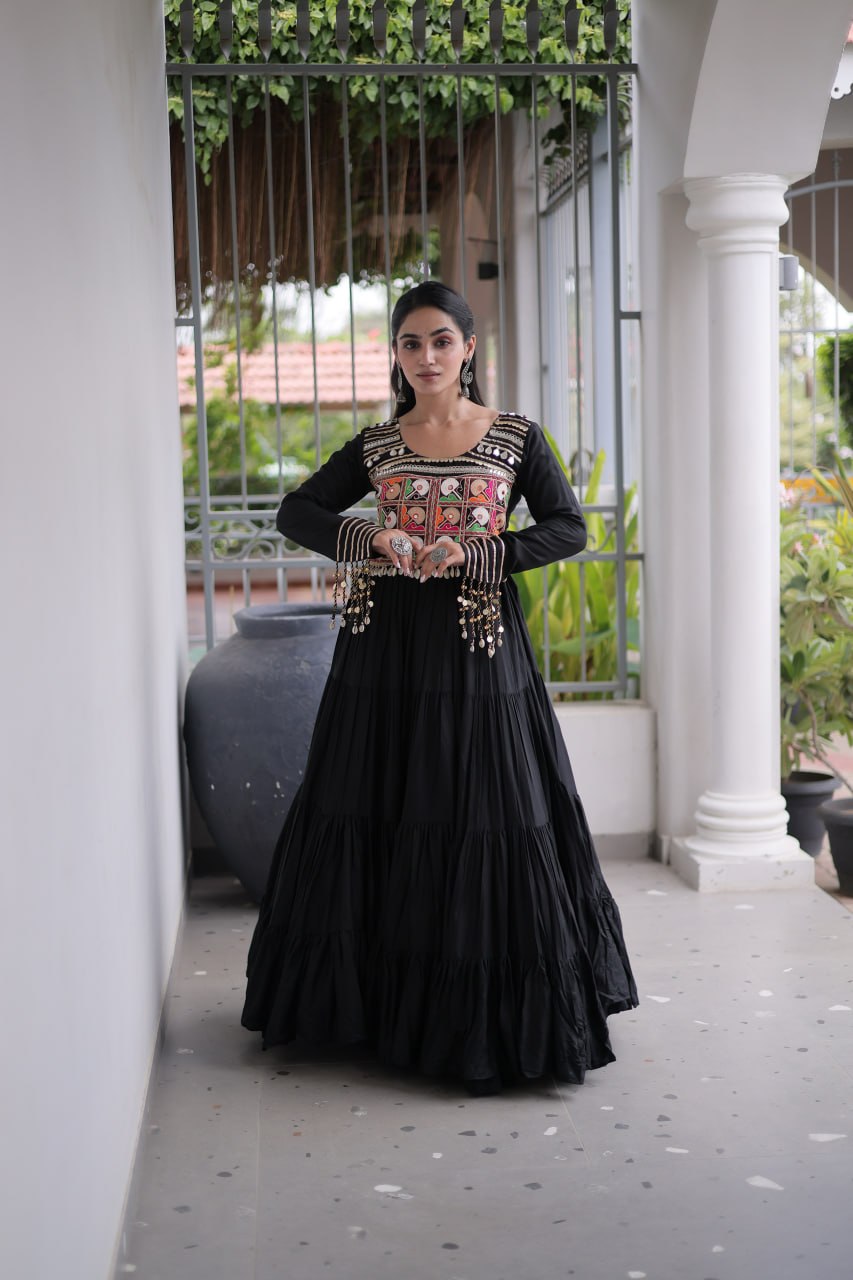 Black Kutchi Mirror Work Navratri Gown – 12 Meter Flair Rayon Garba Dress