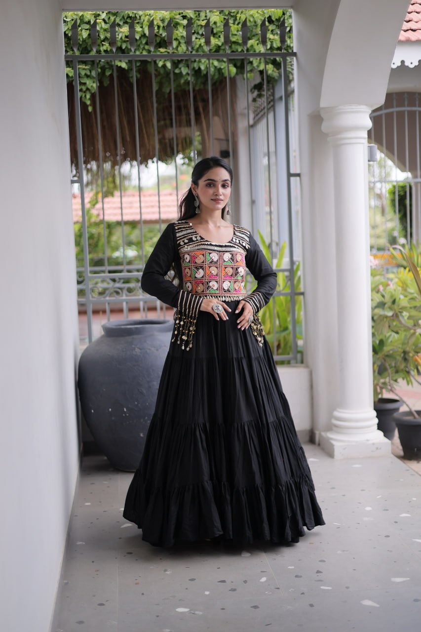 Black Kutchi Mirror Work Navratri Gown – 12 Meter Flair Rayon Garba Dress