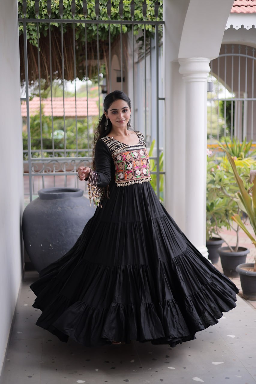 Black Kutchi Mirror Work Navratri Gown – 12 Meter Flair Rayon Garba Dress