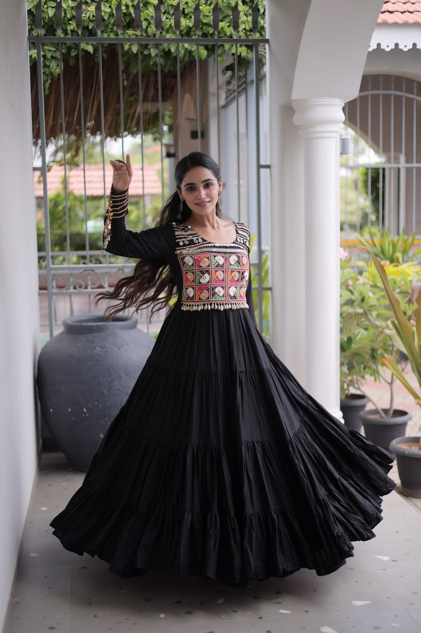 Black Kutchi Mirror Work Navratri Gown – 12 Meter Flair Rayon Garba Dress
