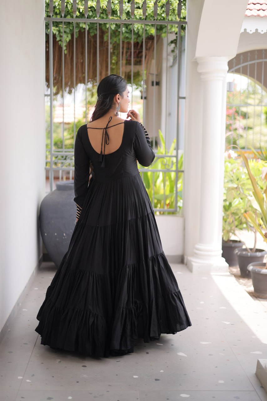 Black Kutchi Mirror Work Navratri Gown – 12 Meter Flair Rayon Garba Dress