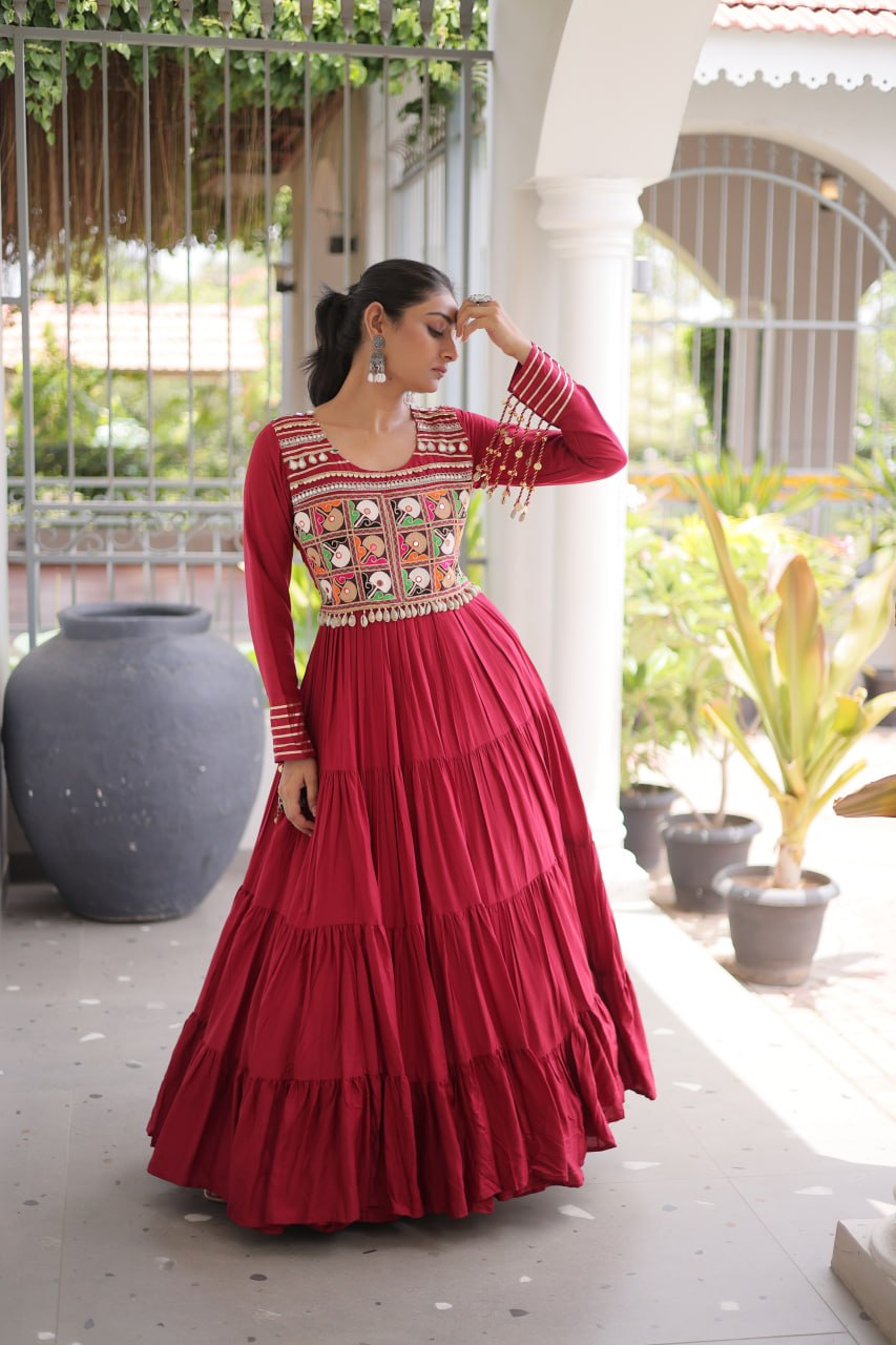 Maroon Kutchi Gamthi Embroidered Navratri Gown with Mirror Work