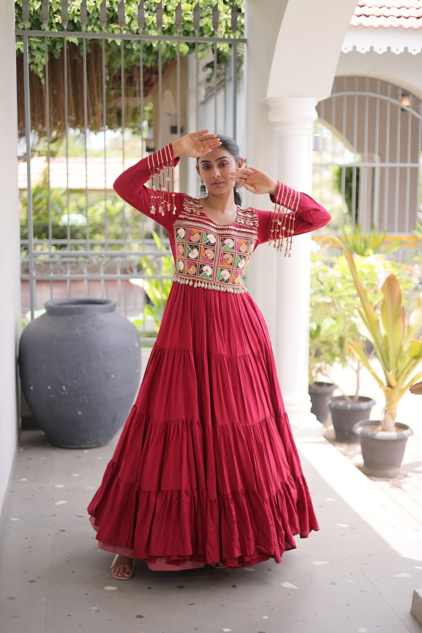 Maroon Kutchi Gamthi Embroidered Navratri Gown with Mirror Work