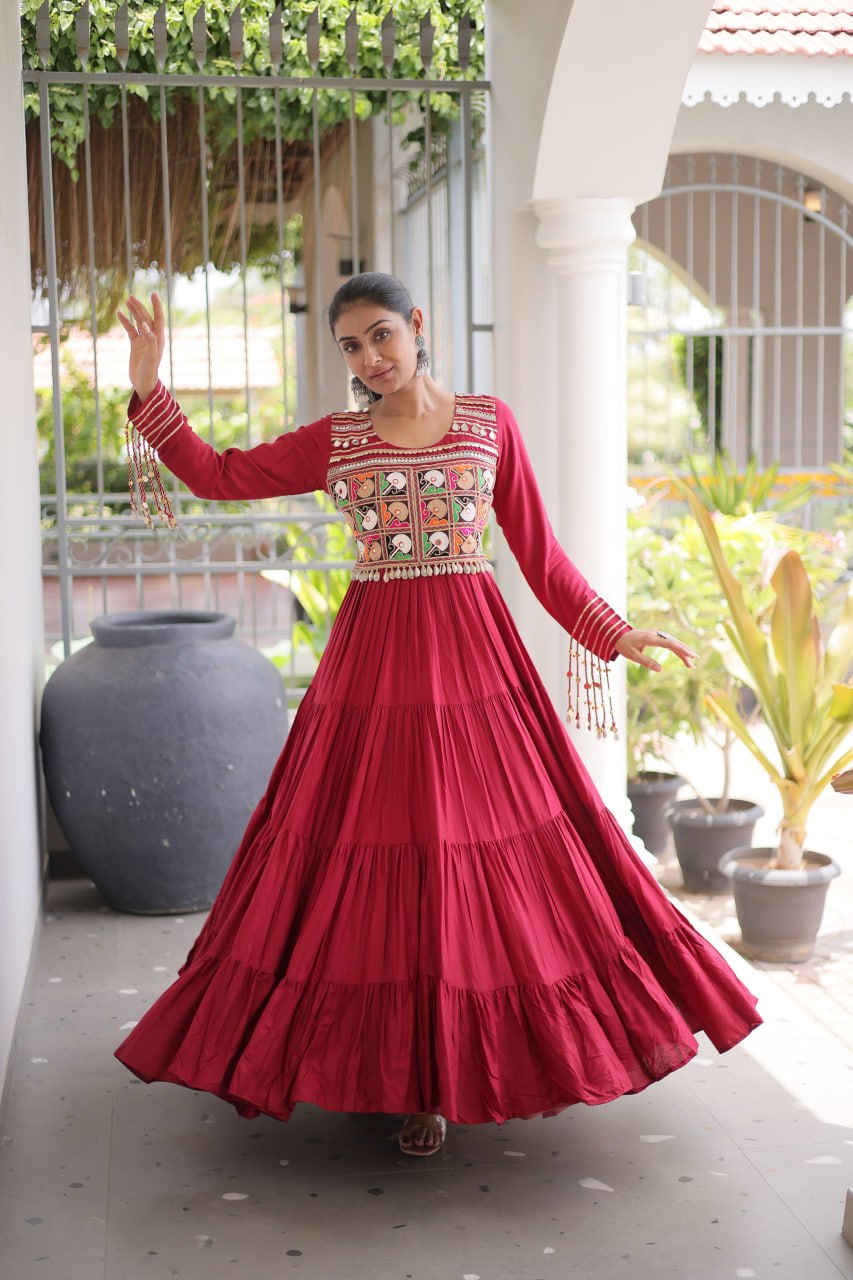 Maroon Kutchi Gamthi Embroidered Navratri Gown with Mirror Work
