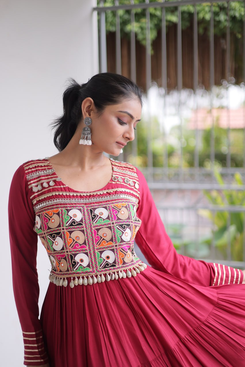 Maroon Kutchi Gamthi Embroidered Navratri Gown with Mirror Work