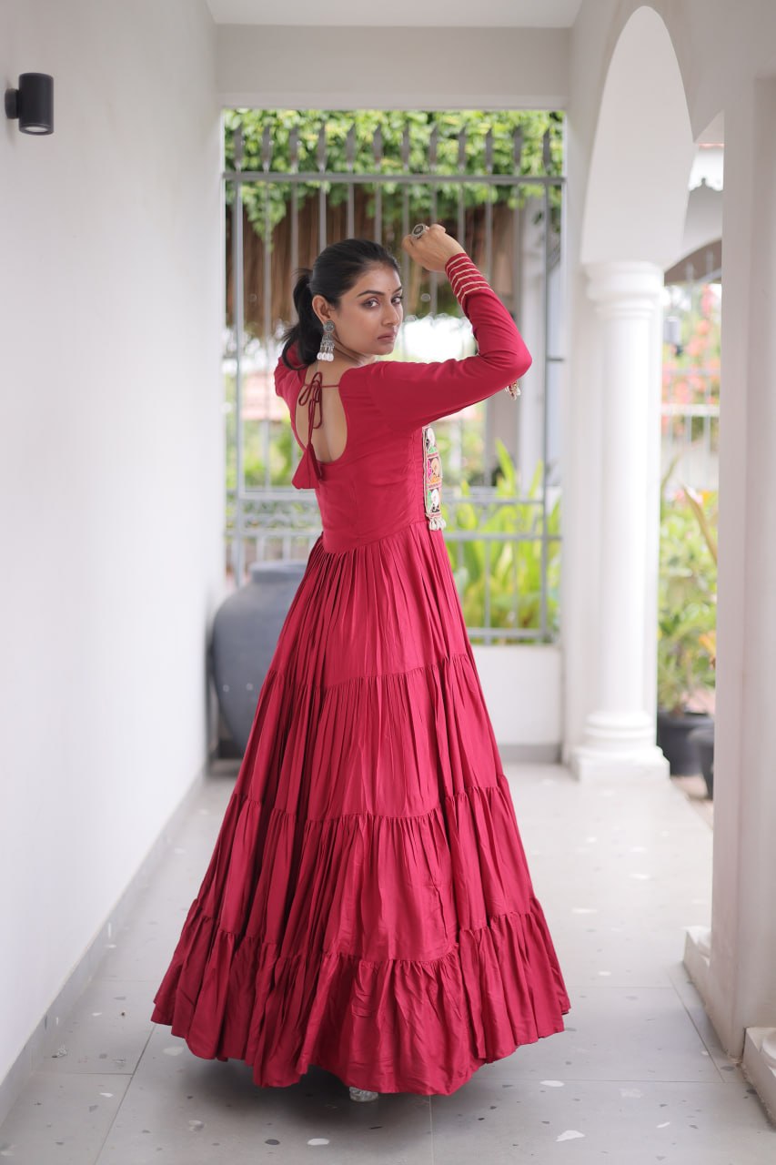 Maroon Kutchi Gamthi Embroidered Navratri Gown with Mirror Work