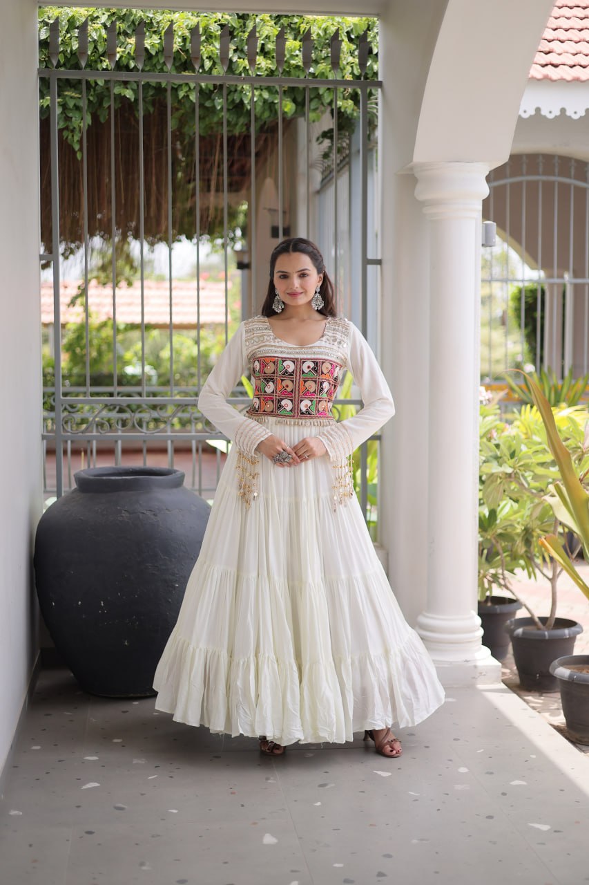 Ivory White Kutchi Gamthi Embroidered Navratri Gown