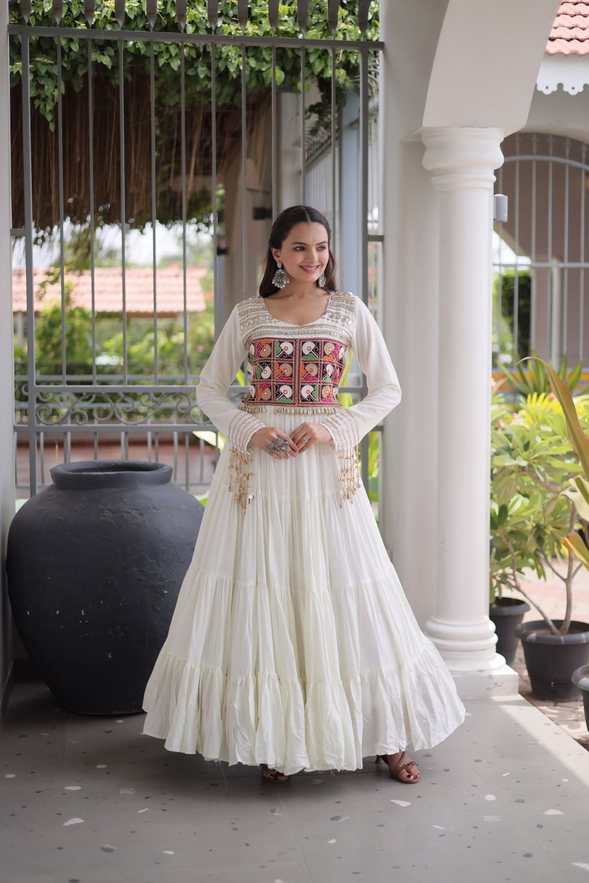 Ivory White Kutchi Gamthi Embroidered Navratri Gown