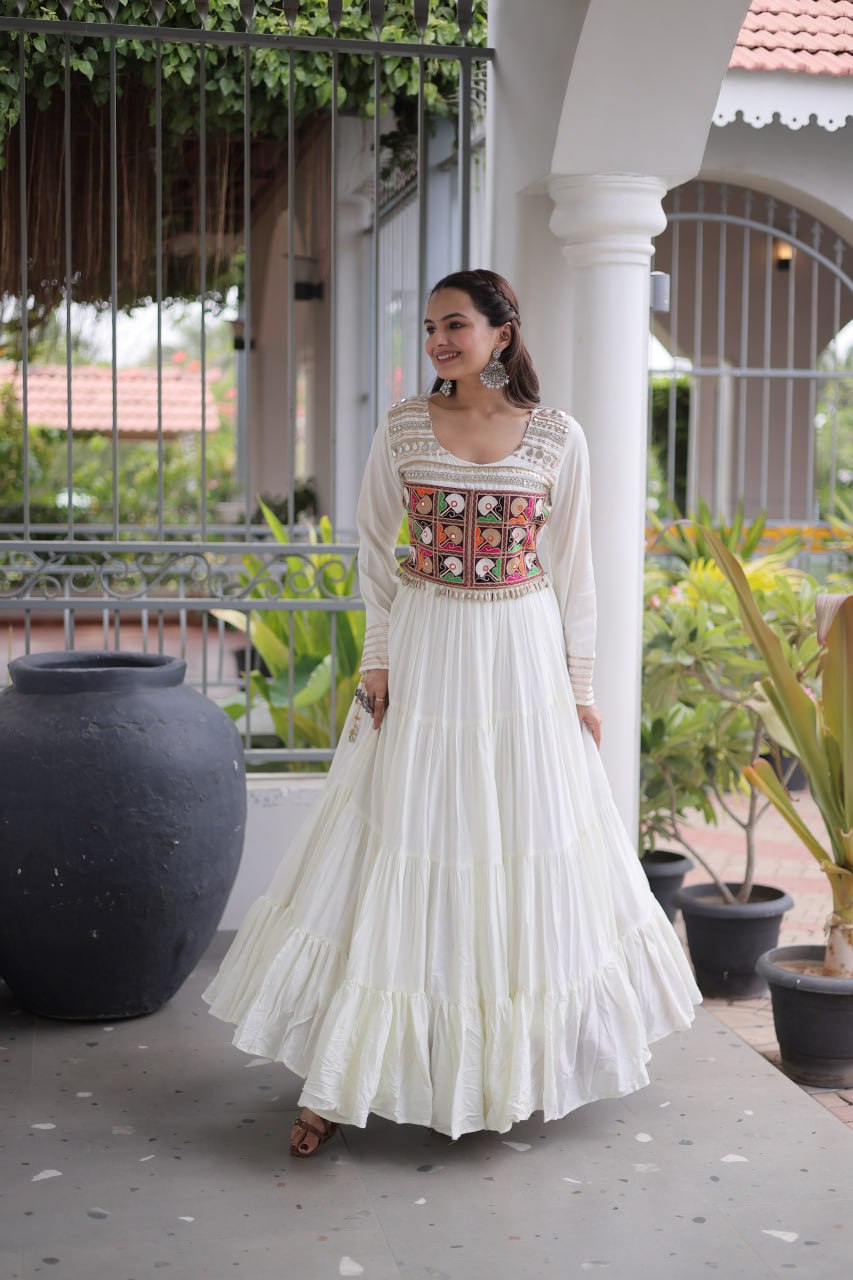 Ivory White Kutchi Gamthi Embroidered Navratri Gown