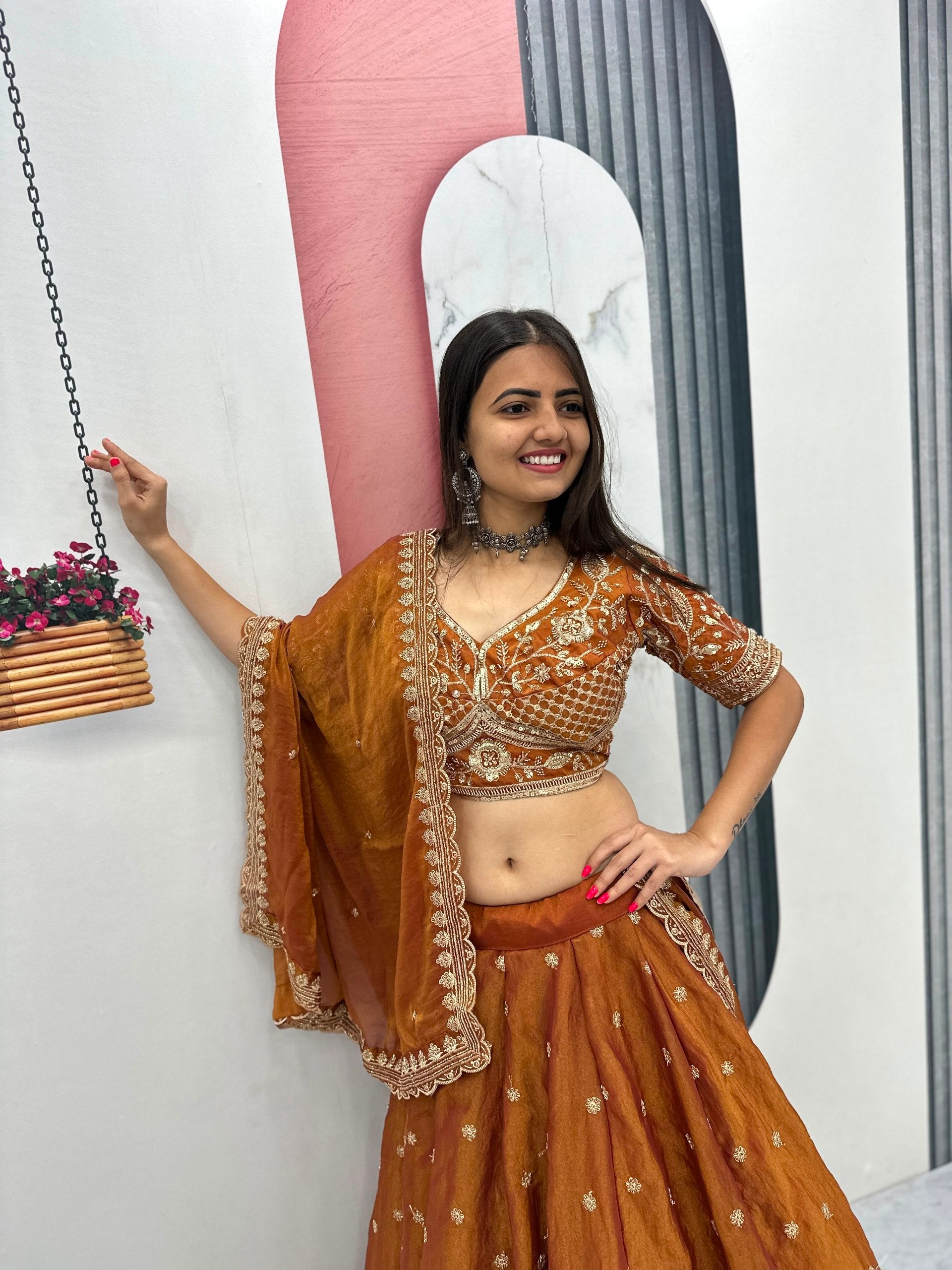 Rust Copper Mosh Embroidered Sequin Lehenga Choli Set with Dupatta