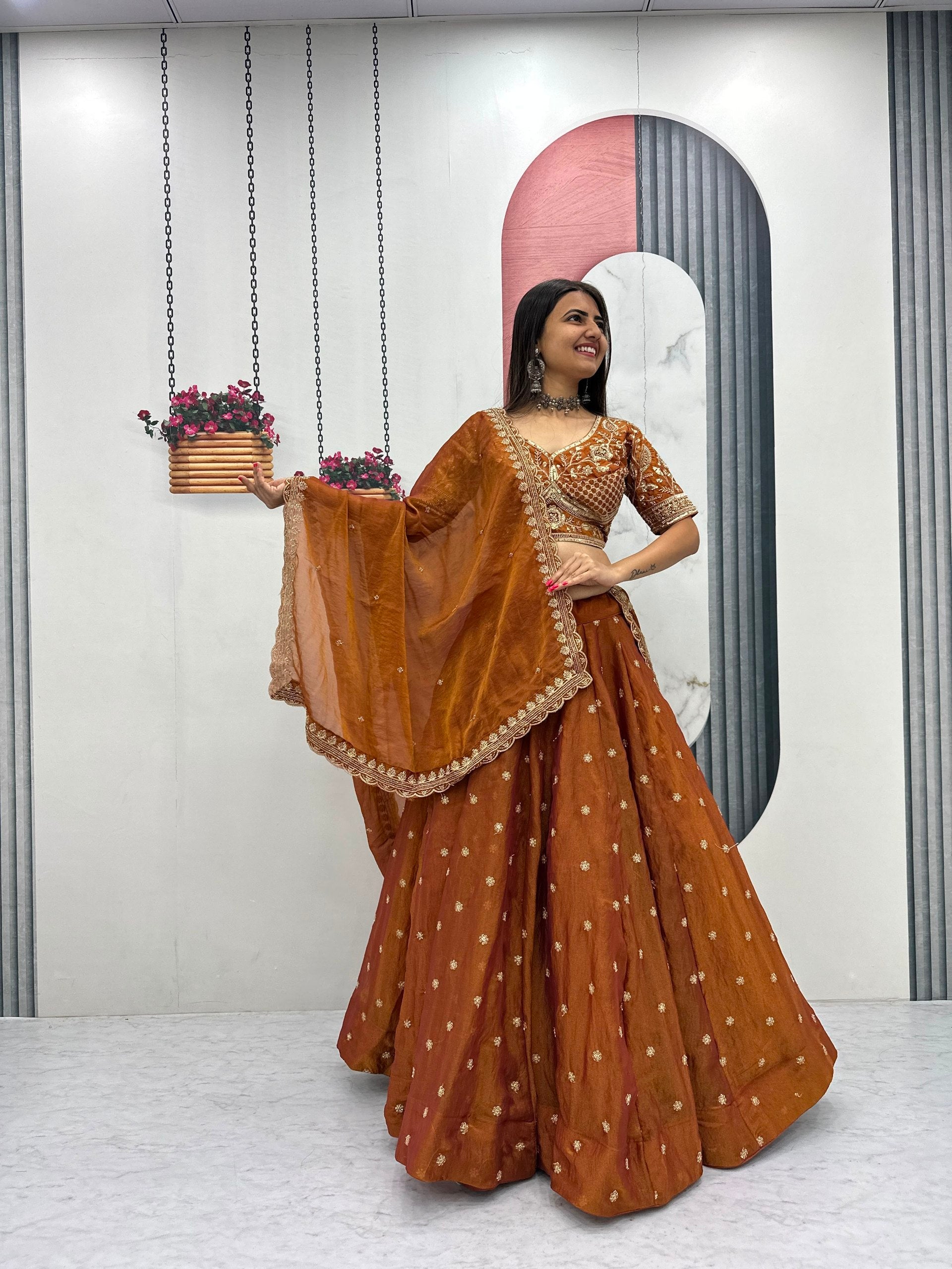 Rust Copper Mosh Embroidered Sequin Lehenga Choli Set with Dupatta