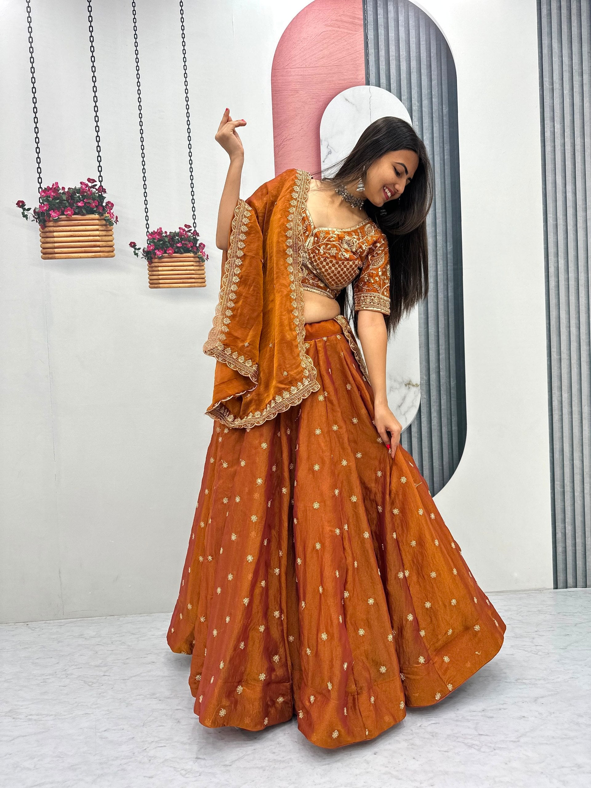 Rust Copper Mosh Embroidered Sequin Lehenga Choli Set with Dupatta