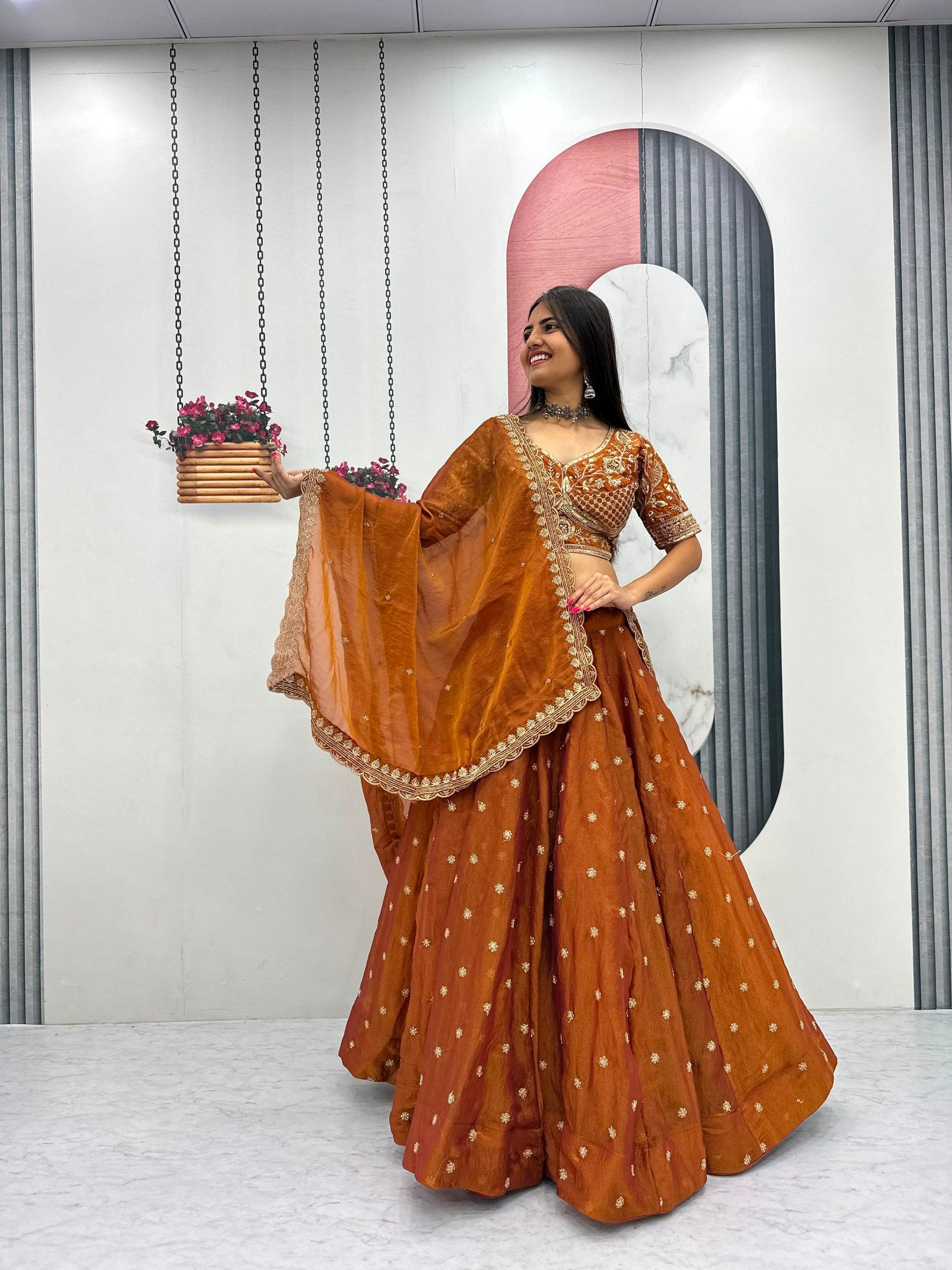 Rust Copper Mosh Embroidered Sequin Lehenga Choli Set with Dupatta