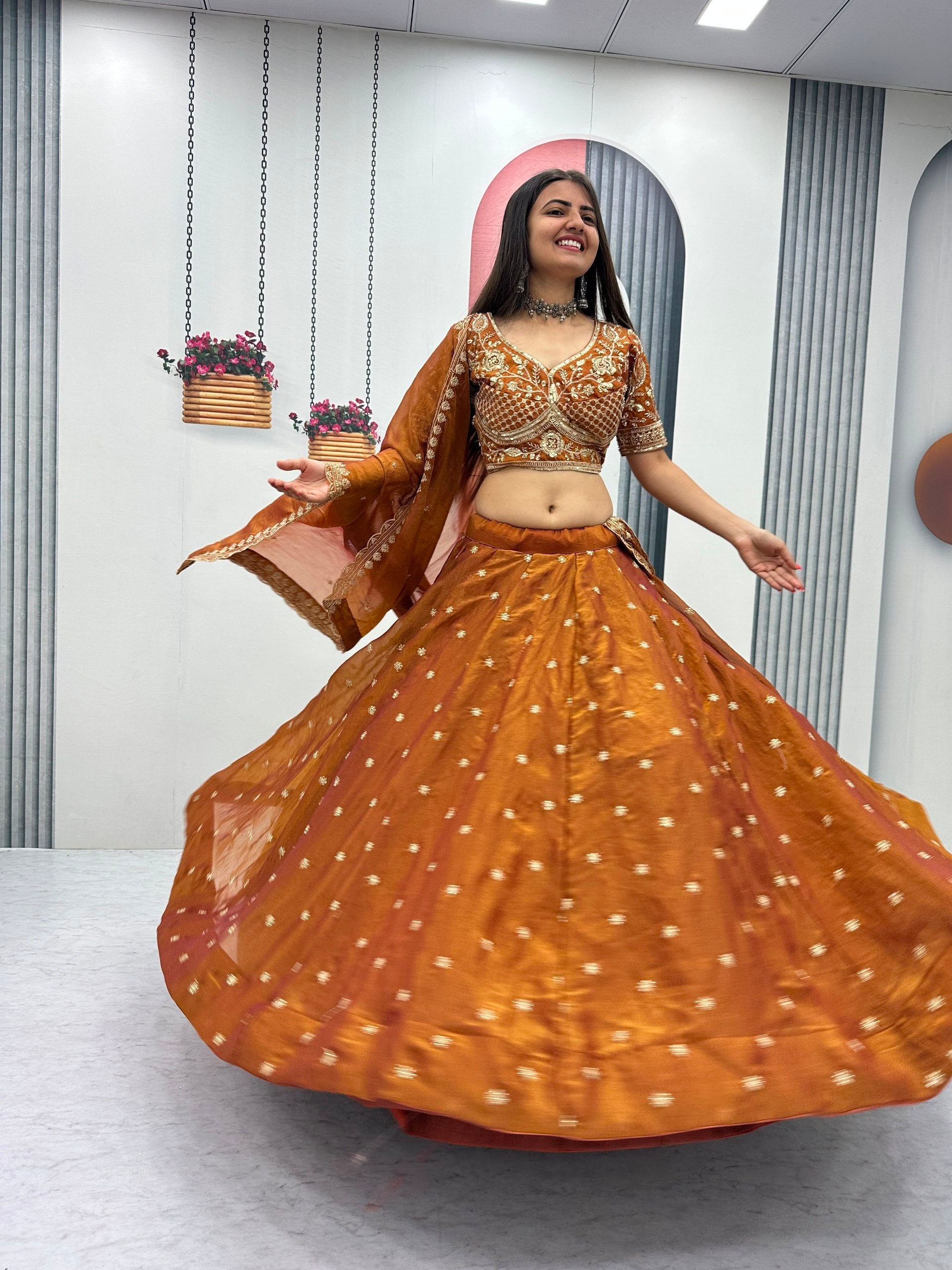Rust Copper Mosh Embroidered Sequin Lehenga Choli Set with Dupatta