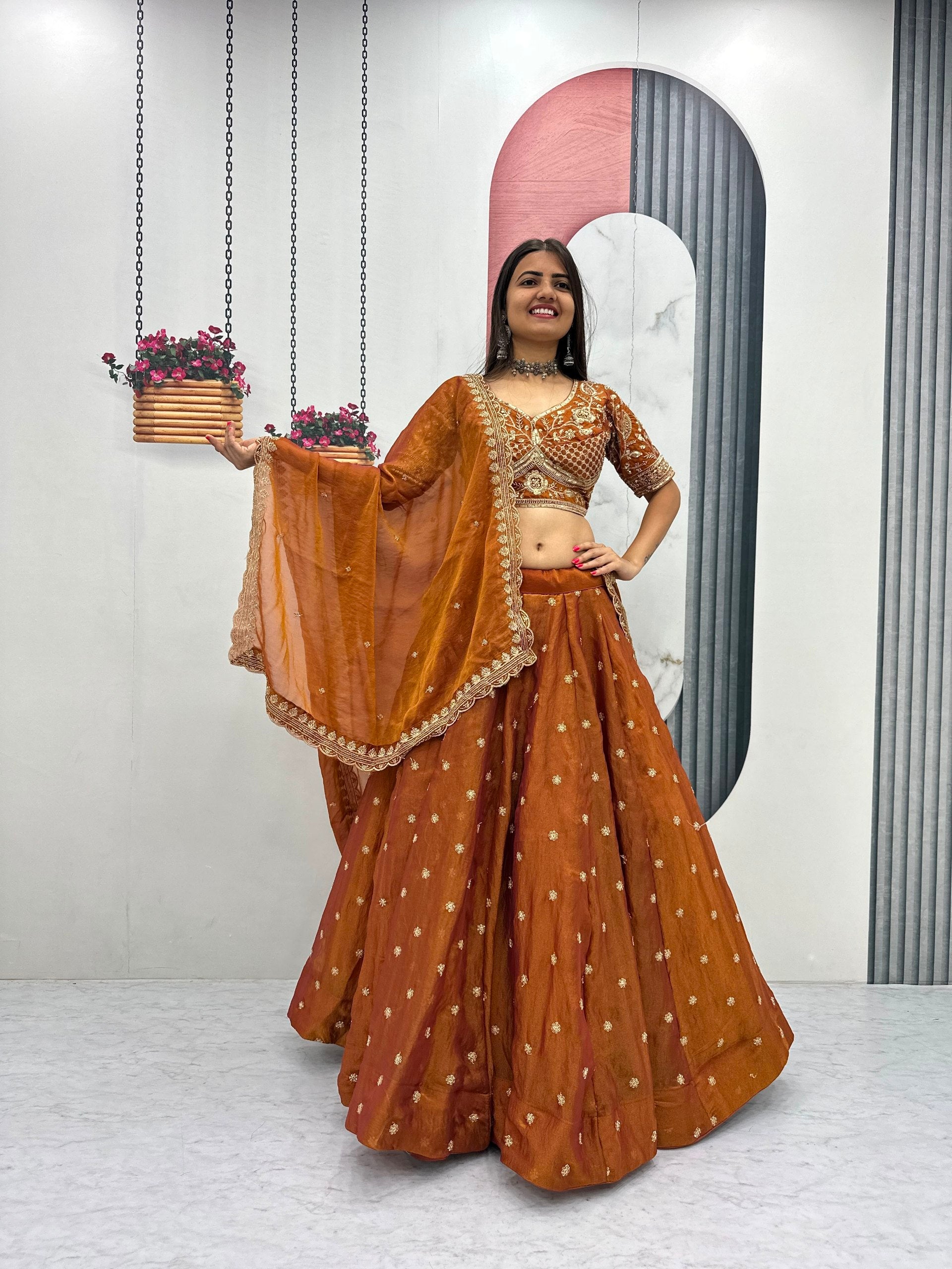 Rust Copper Mosh Embroidered Sequin Lehenga Choli Set with Dupatta