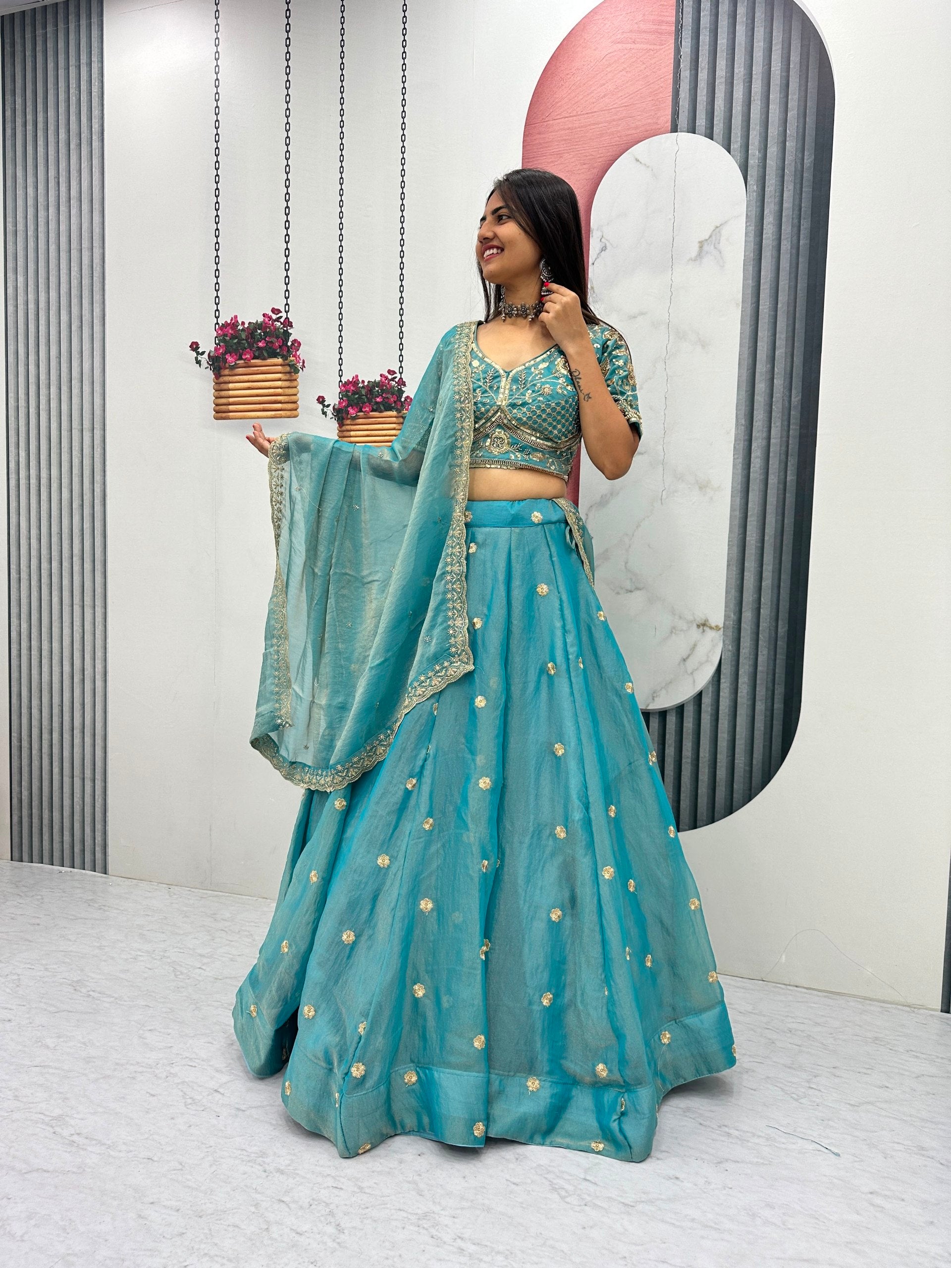 Teal Blue Mosh Embroidered Sequin Lehenga Choli Set with Dupatta