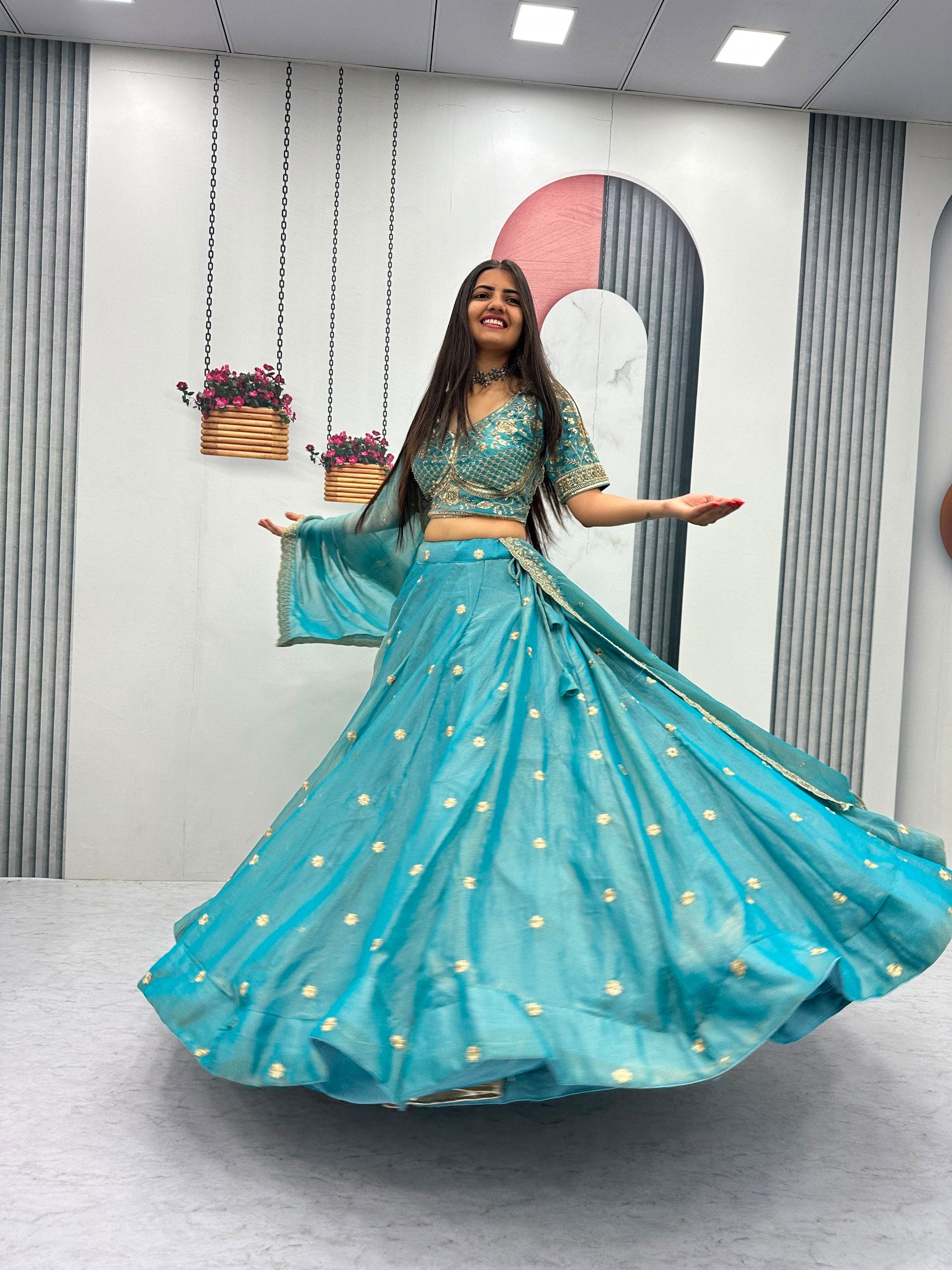 Teal Blue Mosh Embroidered Sequin Lehenga Choli Set with Dupatta