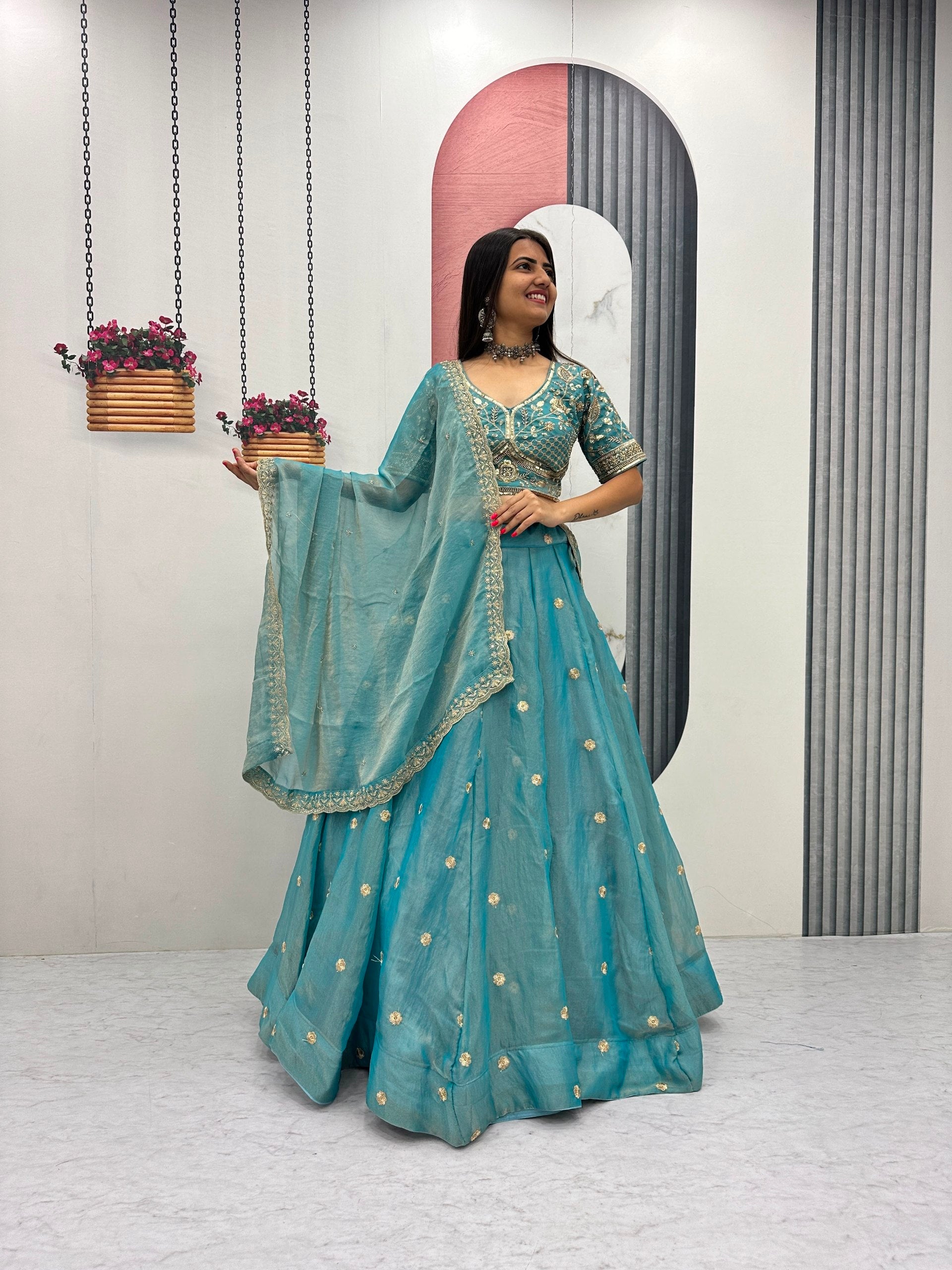 Teal Blue Mosh Embroidered Sequin Lehenga Choli Set with Dupatta