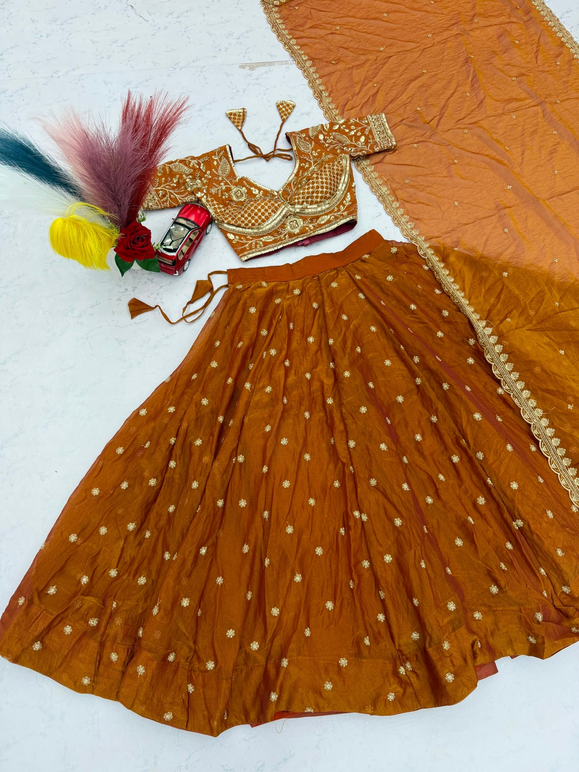 Rust Copper Mosh Embroidered Sequin Lehenga Choli Set with Dupatta