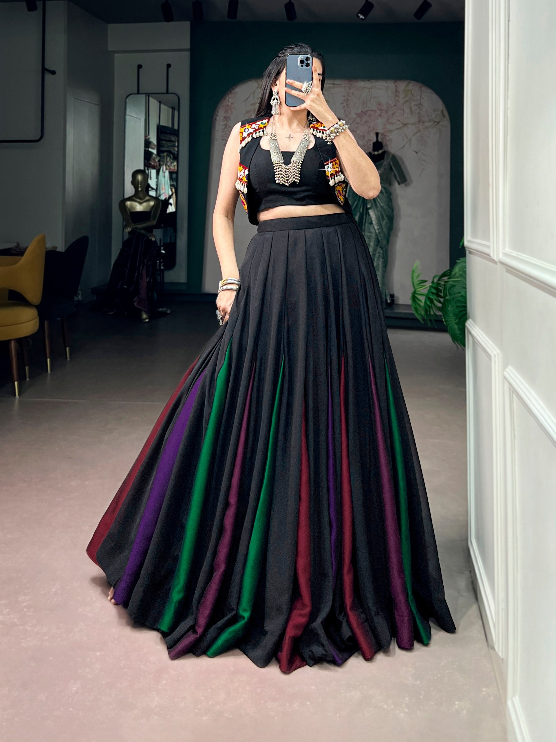 Midnight Black Navratri Lehenga Choli with Multicolor Gamthi Koti | 9 Meter Flair