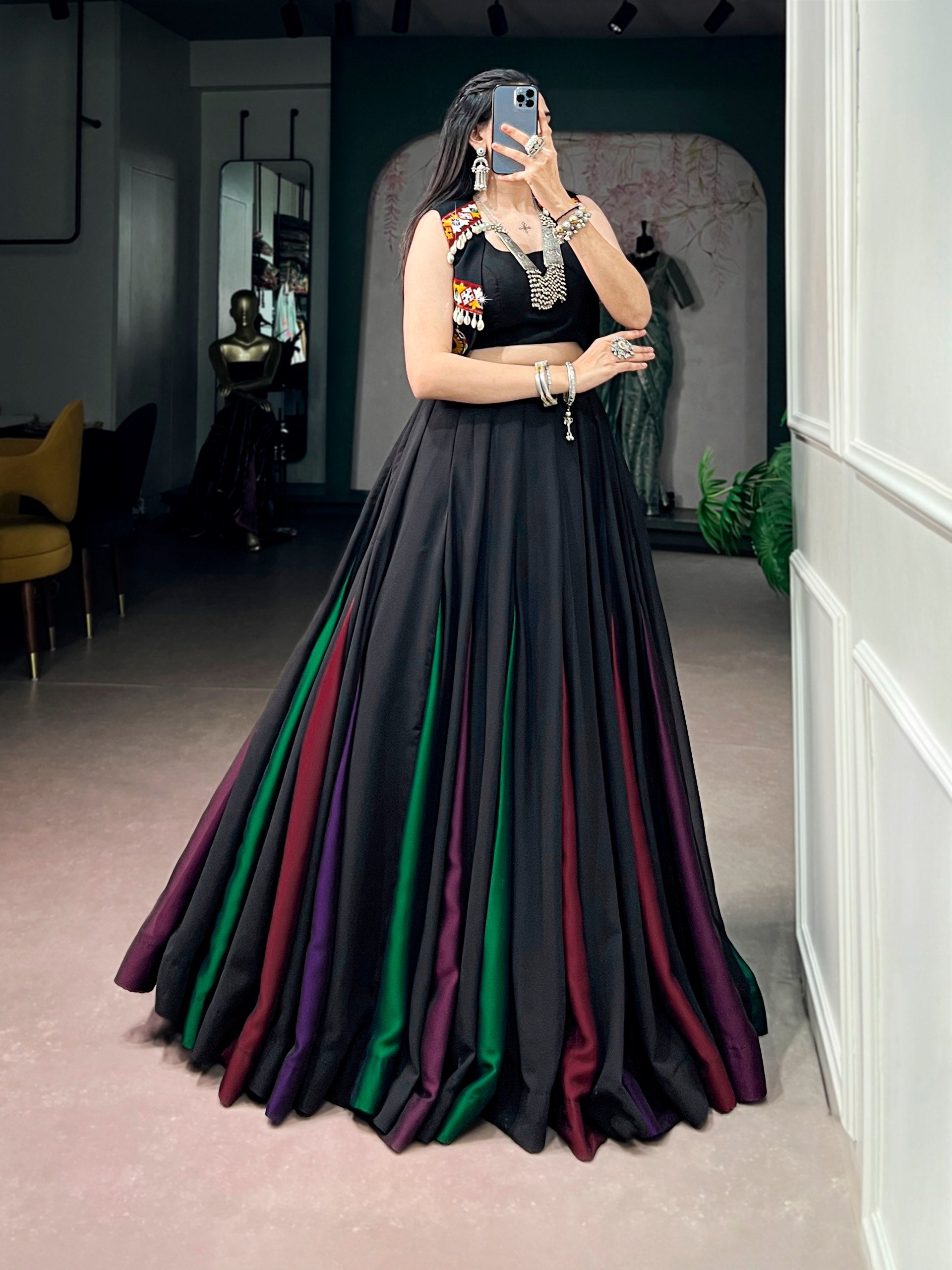 Midnight Black Navratri Lehenga Choli with Multicolor Gamthi Koti | 9 Meter Flair