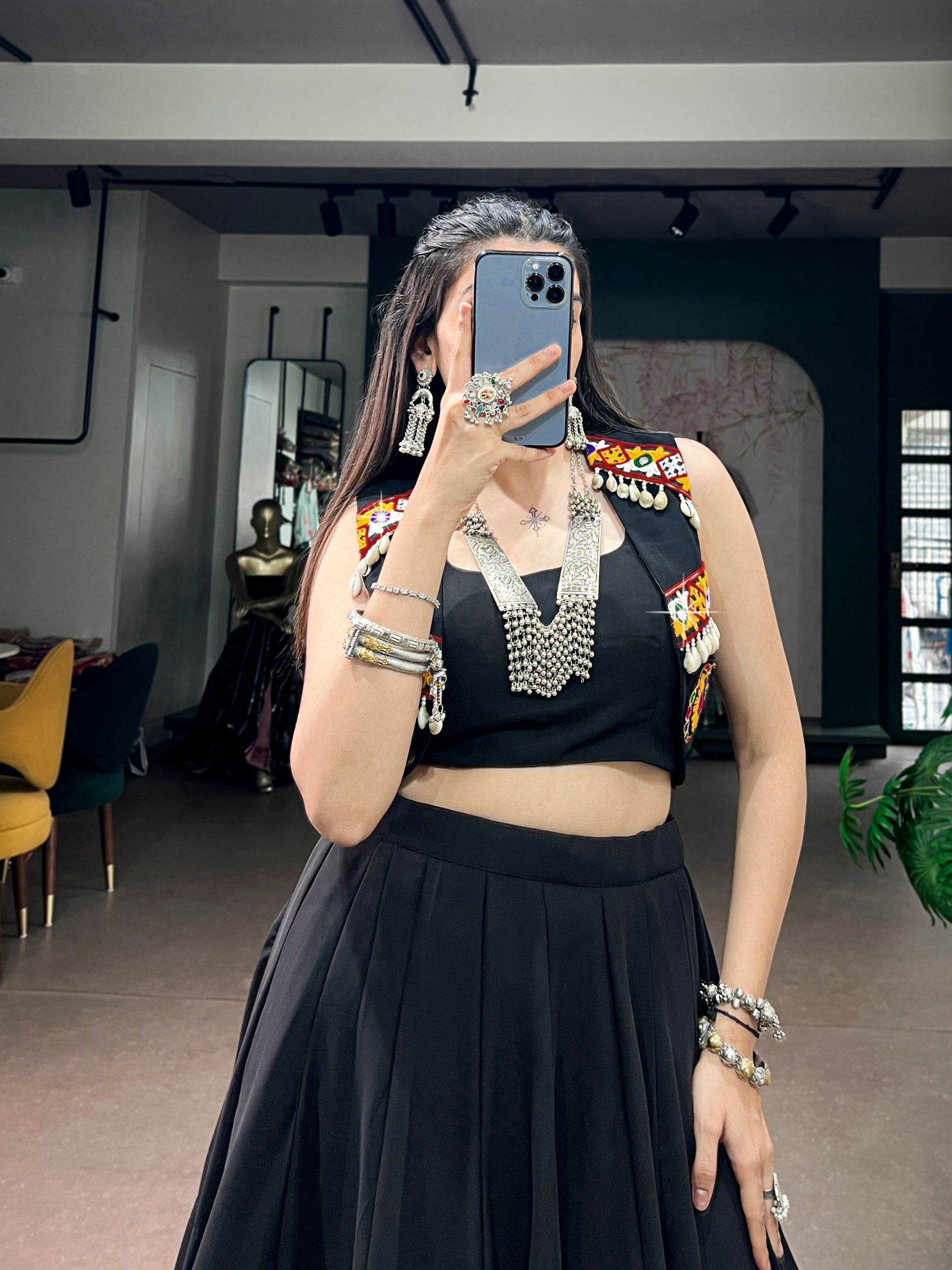 Midnight Black Navratri Lehenga Choli with Multicolor Gamthi Koti | 9 Meter Flair
