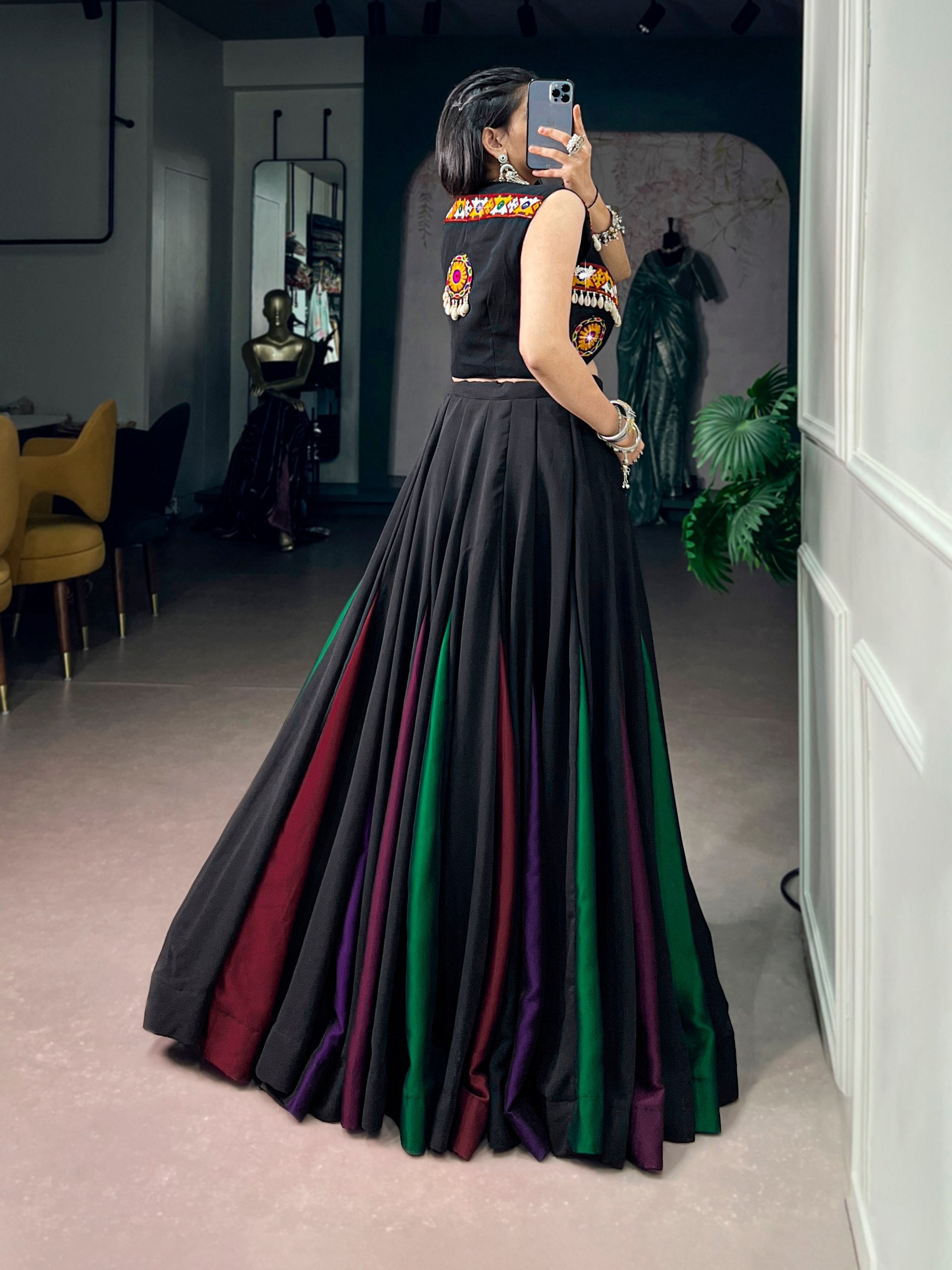Midnight Black Navratri Lehenga Choli with Multicolor Gamthi Koti | 9 Meter Flair