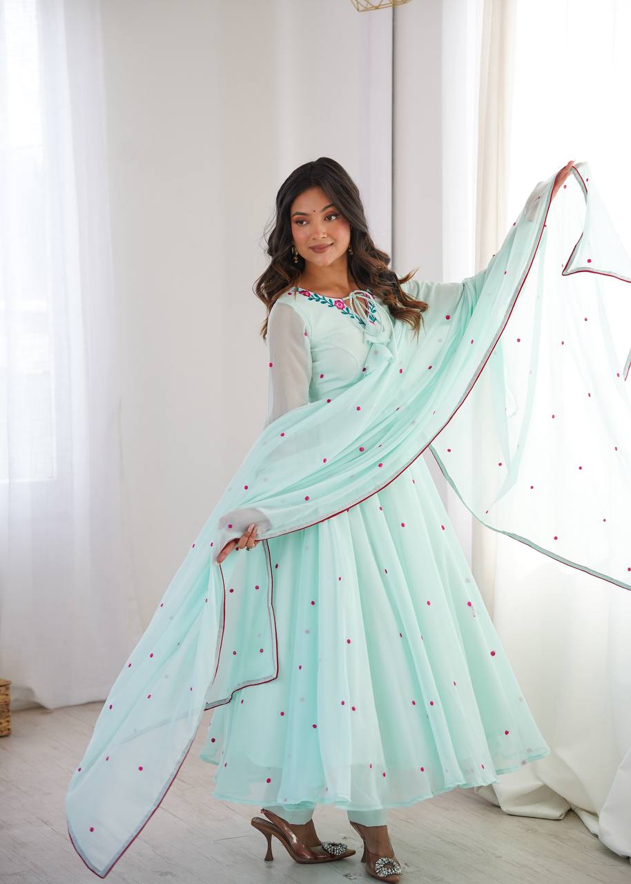 Mint Green Faux Georgette Embroidered Anarkali Suit Set with Dupatta