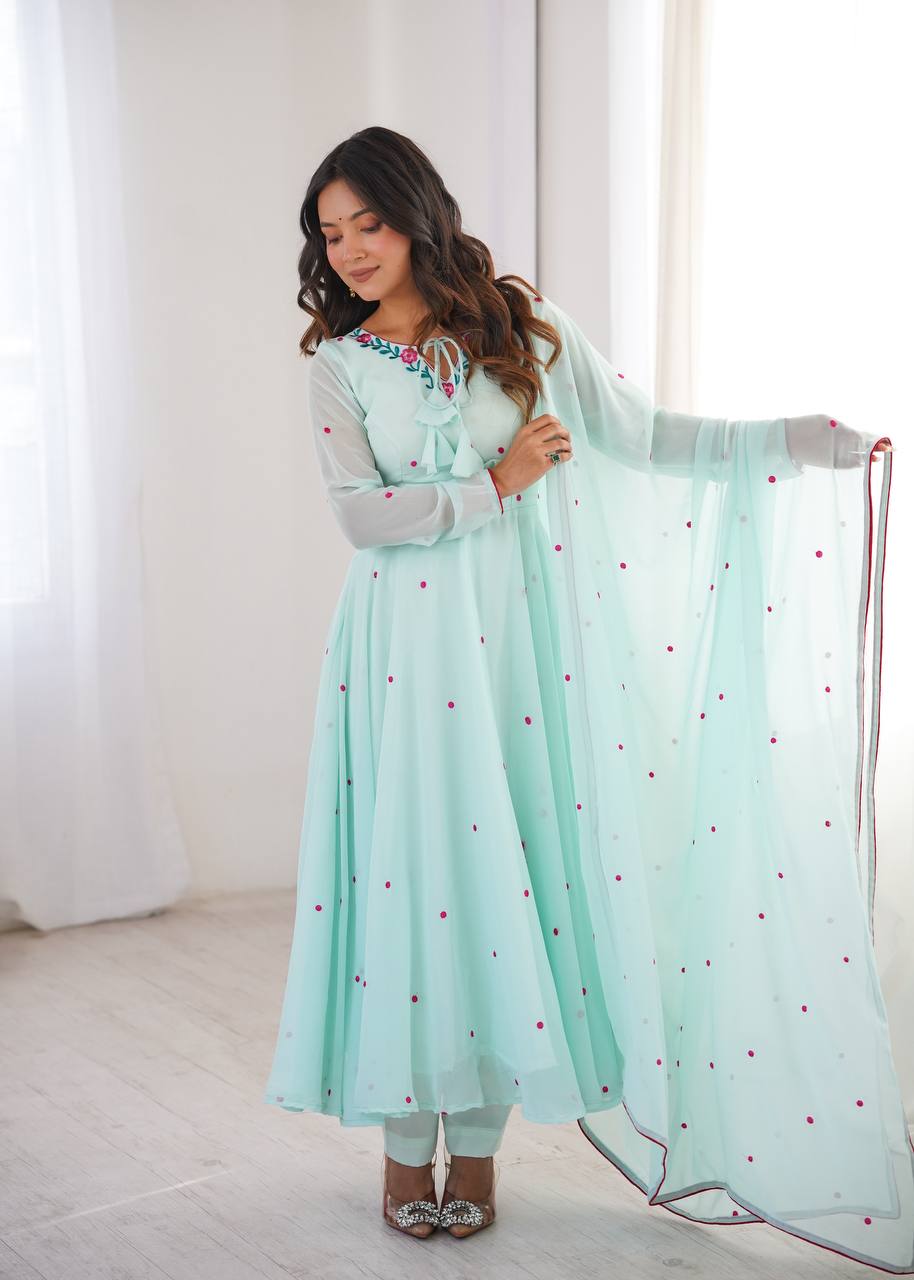 Mint Green Faux Georgette Embroidered Anarkali Suit Set with Dupatta