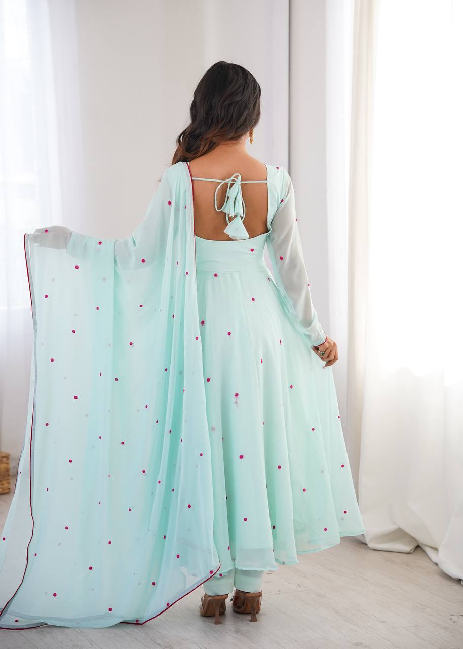 Mint Green Faux Georgette Embroidered Anarkali Suit Set with Dupatta