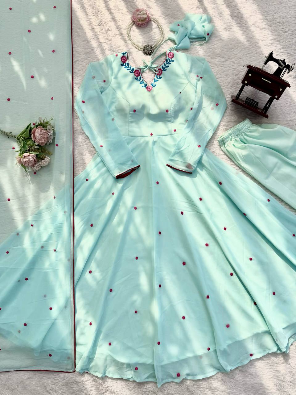 Mint Green Faux Georgette Embroidered Anarkali Suit Set with Dupatta