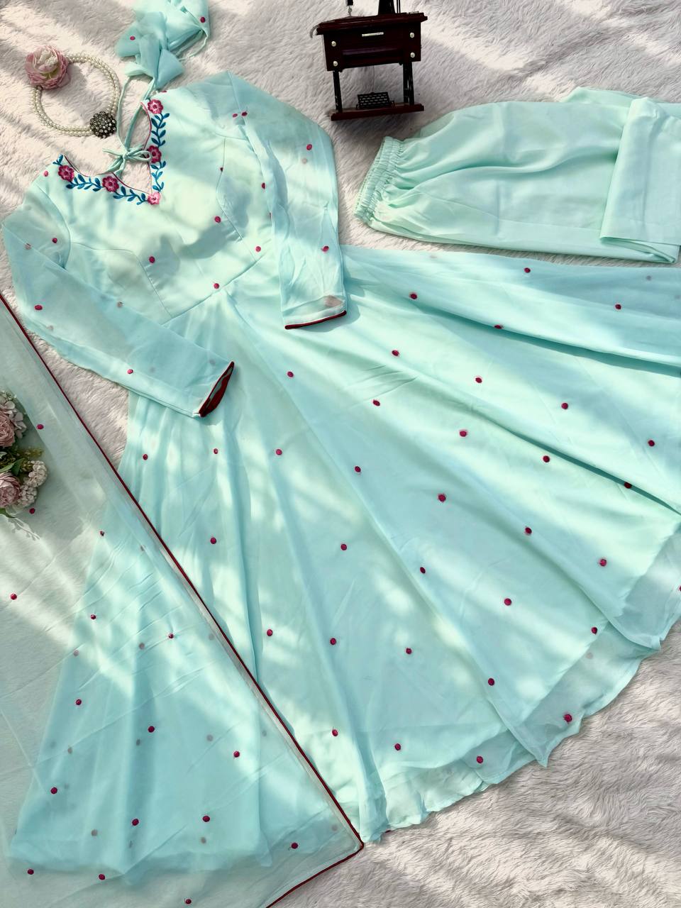 Mint Green Faux Georgette Embroidered Anarkali Suit Set with Dupatta