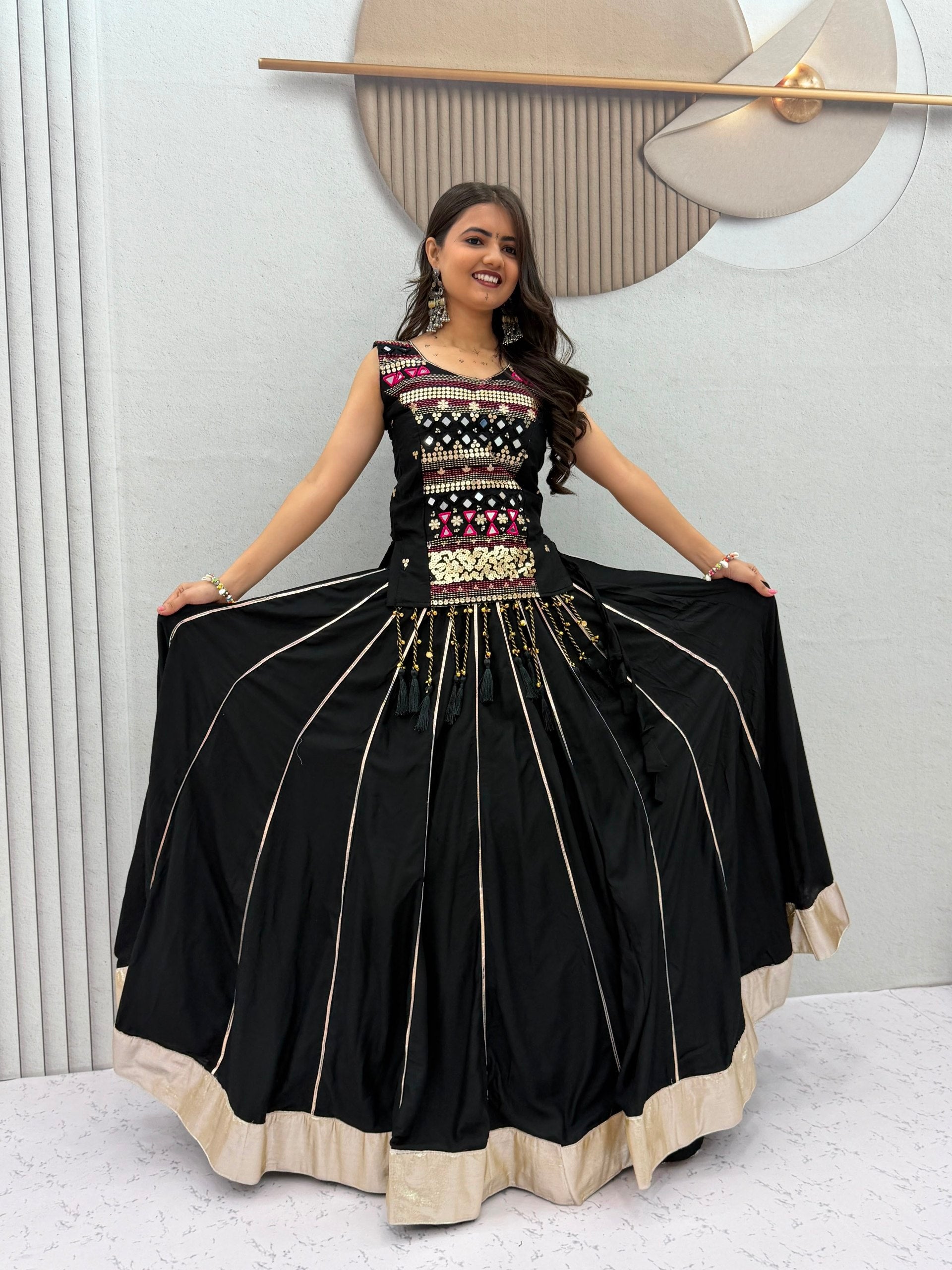 Black Navratri Mirror Work Pure Cotton Lehenga Choli for Women