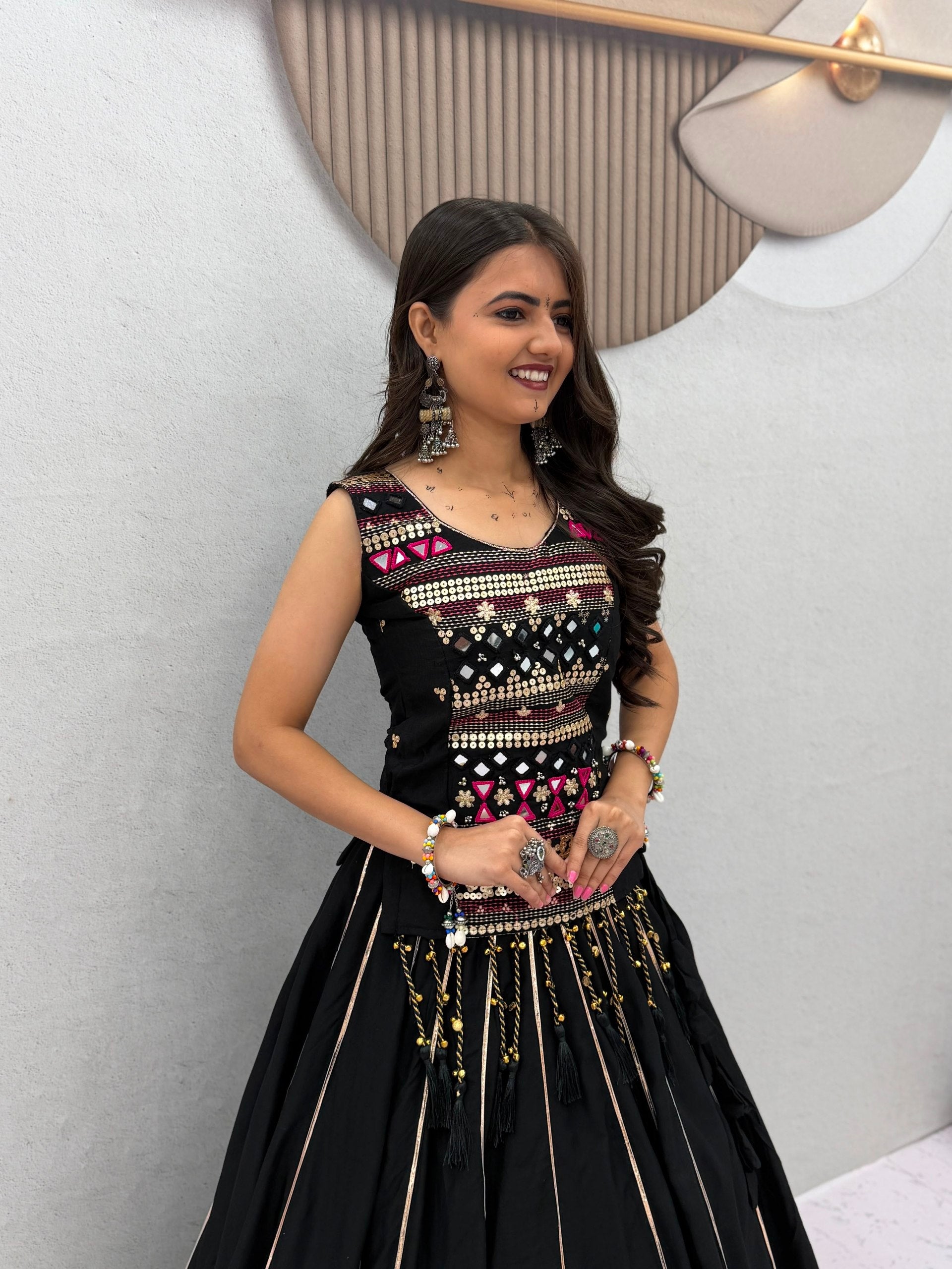 Black Navratri Mirror Work Pure Cotton Lehenga Choli for Women