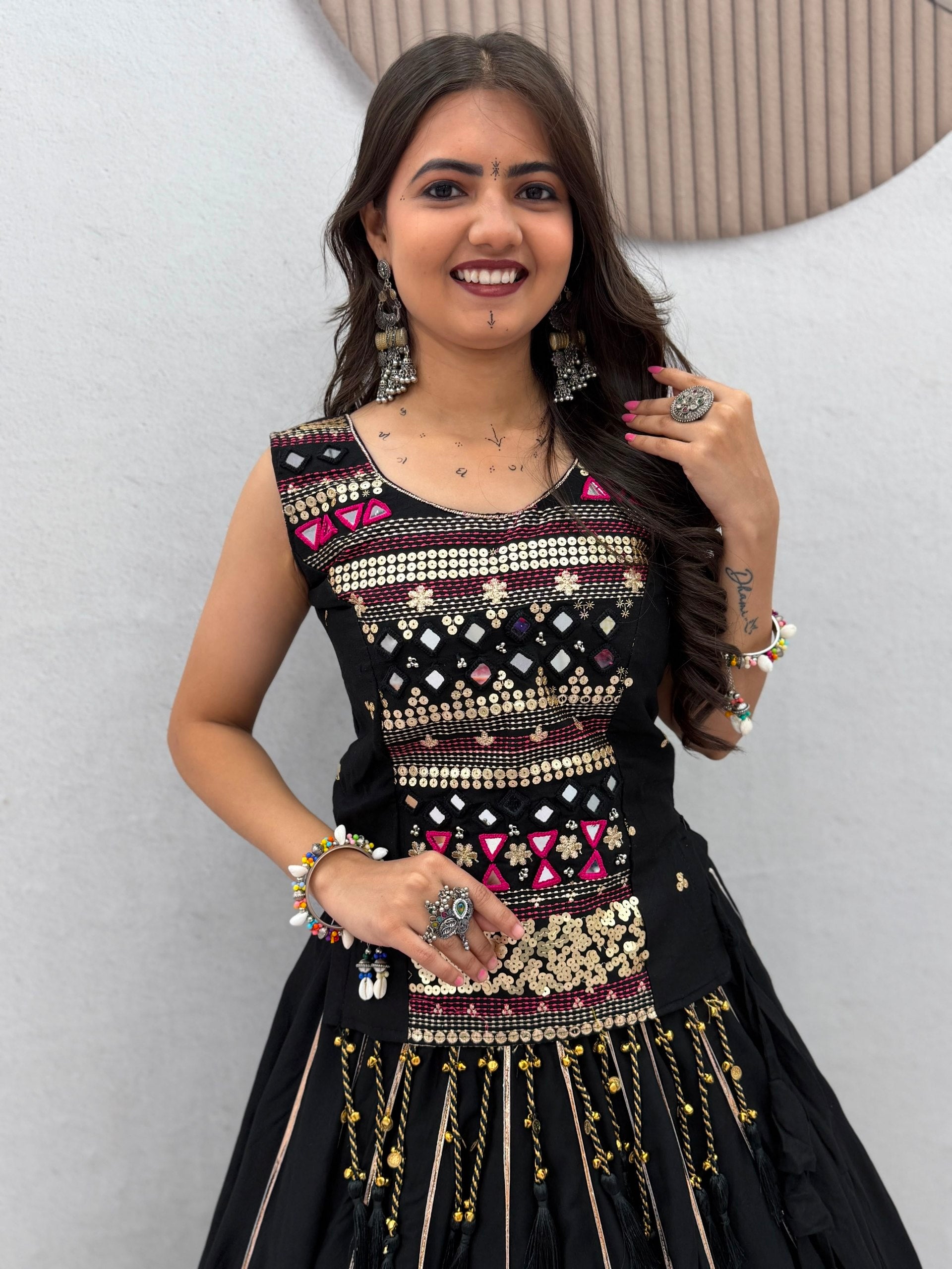 Black Navratri Mirror Work Pure Cotton Lehenga Choli for Women