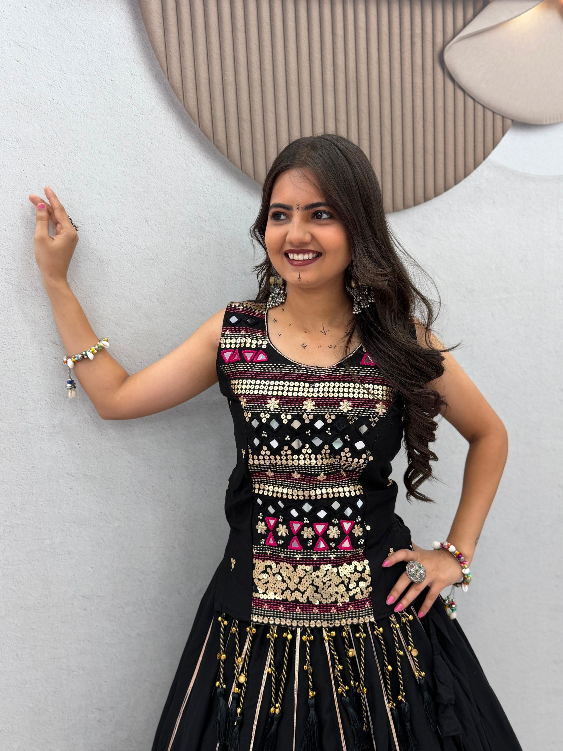 Black Navratri Mirror Work Pure Cotton Lehenga Choli for Women