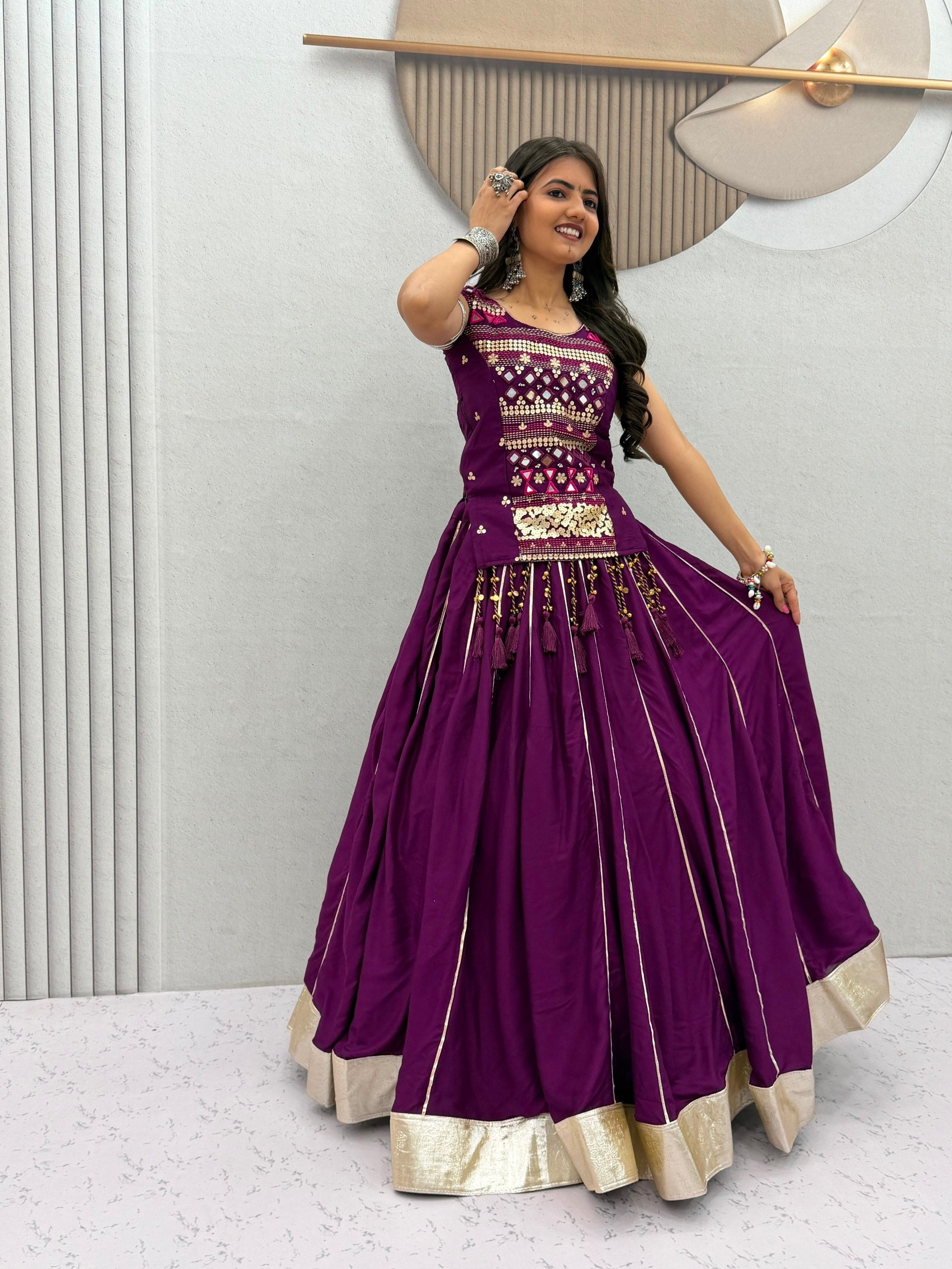 Royal Purple Navratri Mirror Work Pure Cotton Lehenga Choli for Women