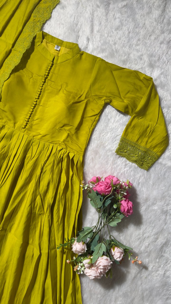 Lyril Green Roman Silk Anarkali Suit Set with Embroidered Dupatta & Pant
